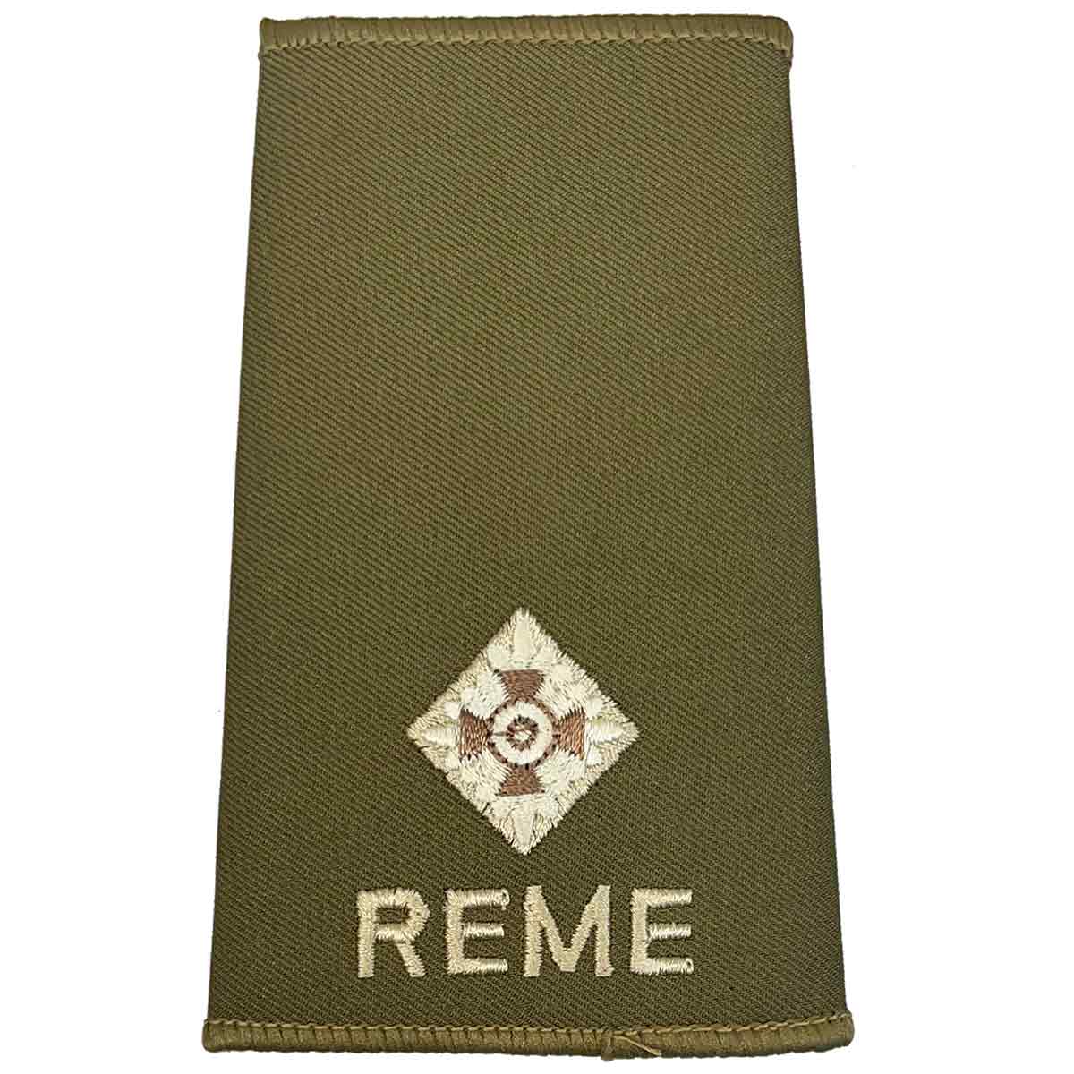 Single pip REME Olive Green Rank Slide with ivory and brown embroidery, used for junior officer ranks in military uniforms.