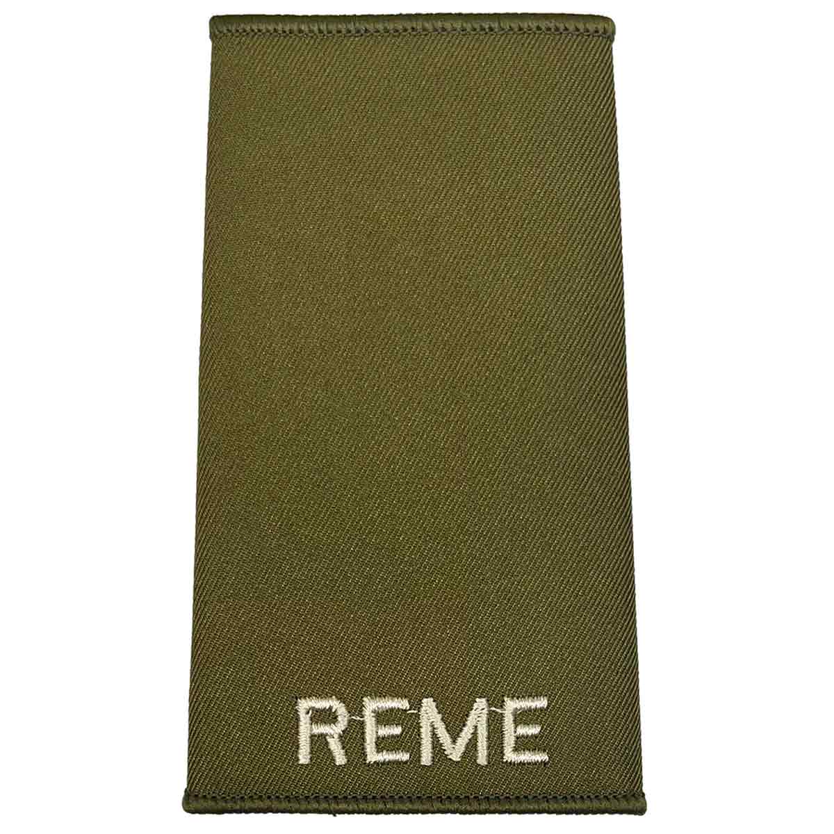 Plain REME Olive Green Rank Slide with ivory embroidered text, ideal for military uniforms, made from durable Cordura fabric.