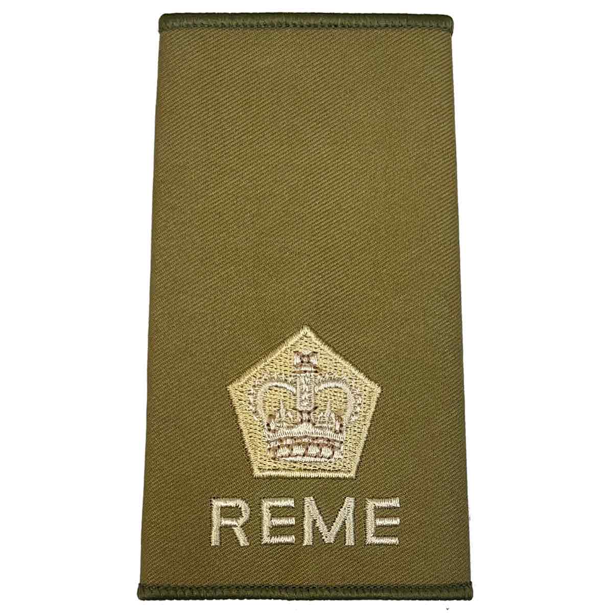 Pentagon crown REME Olive Green Rank Slide with ivory embroidery, designed for high-ranking military personnel.