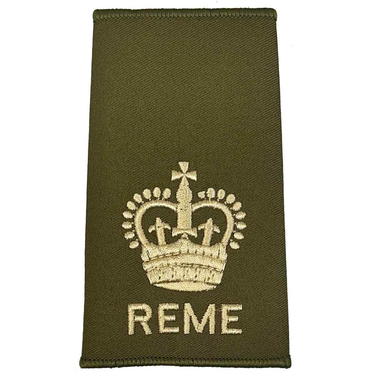 REME Olive Green Rank Slide with large crown embroidery in ivory, indicating senior officer status in military uniforms.