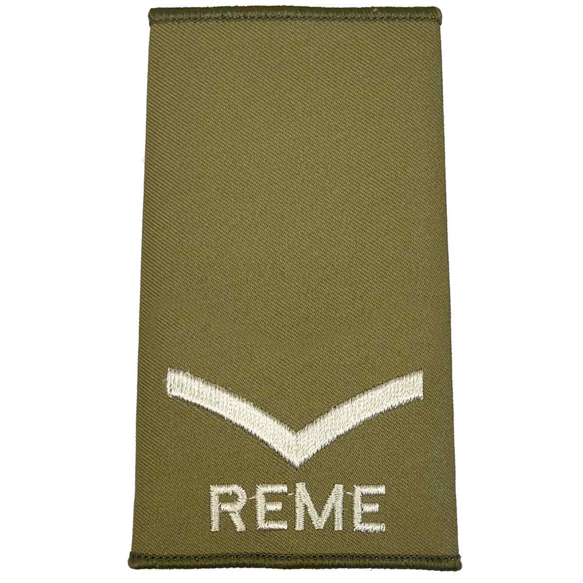 REME Olive Green Rank Slide with single chevron and ivory embroidery, suitable for junior military ranks, sold in pairs.