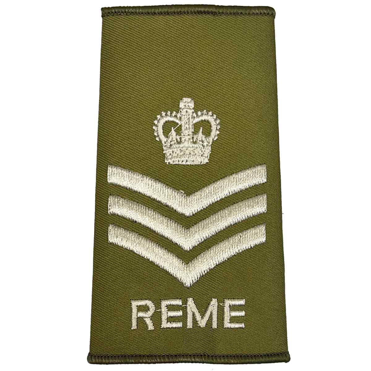 REME Olive Green Rank Slide with three chevrons and crown, embroidered in ivory, for senior non-commissioned officers.