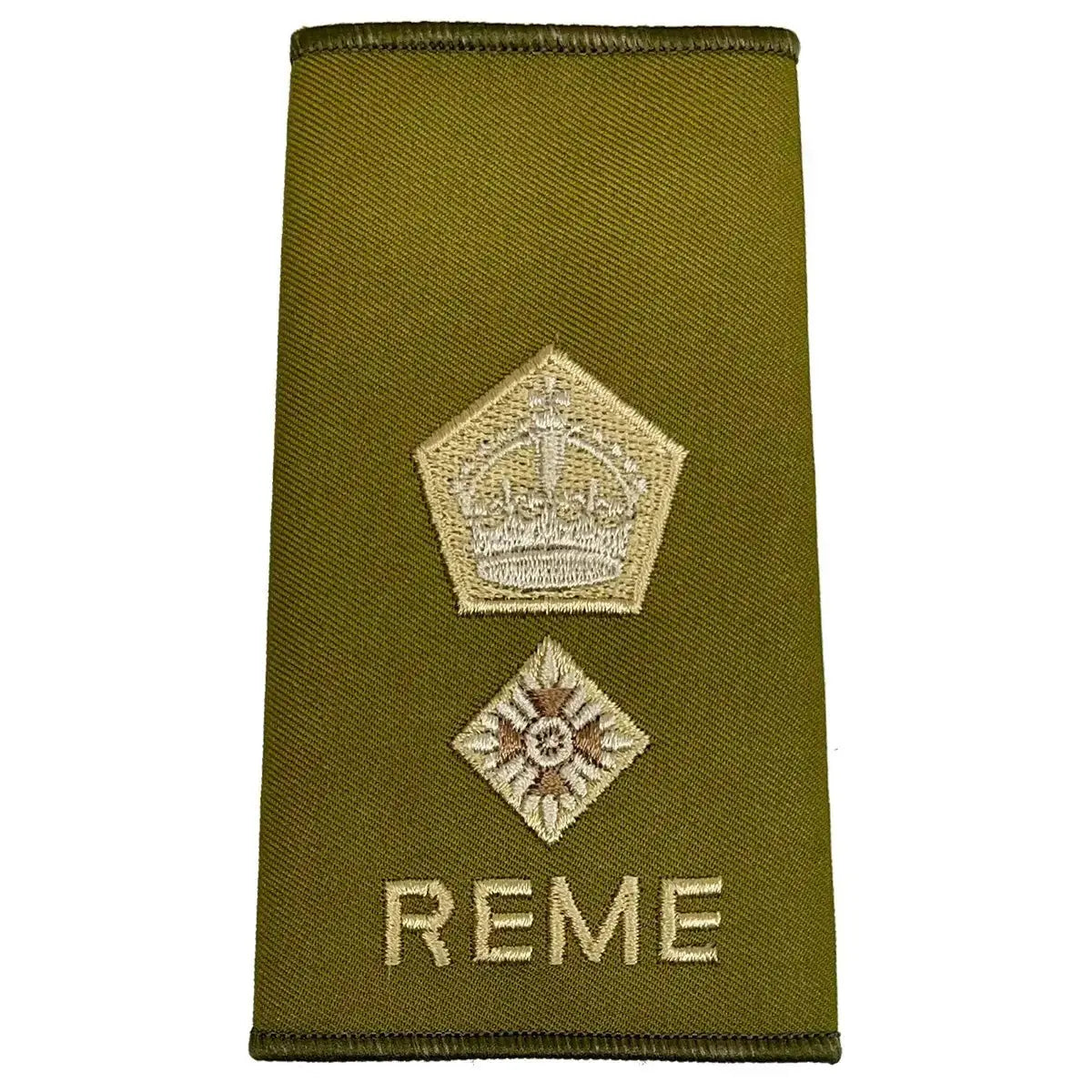 REME Olive Green Rank Slide with pentagon crown and pip embroidery, representing lieutenant colonel rank in military attire.