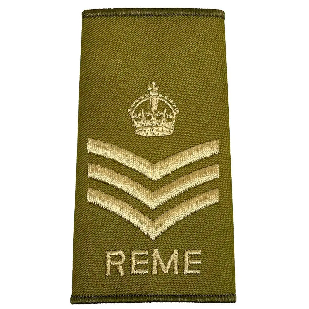 REME Olive Green Rank Slide with crown and three chevrons, embroidered in ivory, for warrant officer class 2.