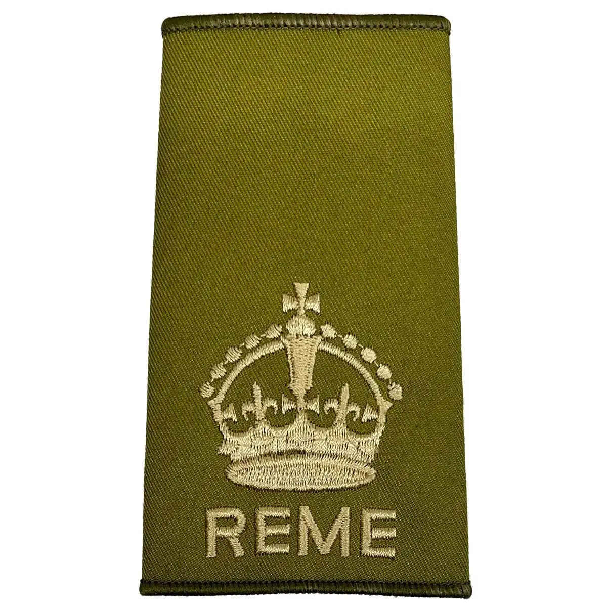 REME Olive Green Rank Slide with stylized crown embroidery, representing senior officer insignia in military uniforms.