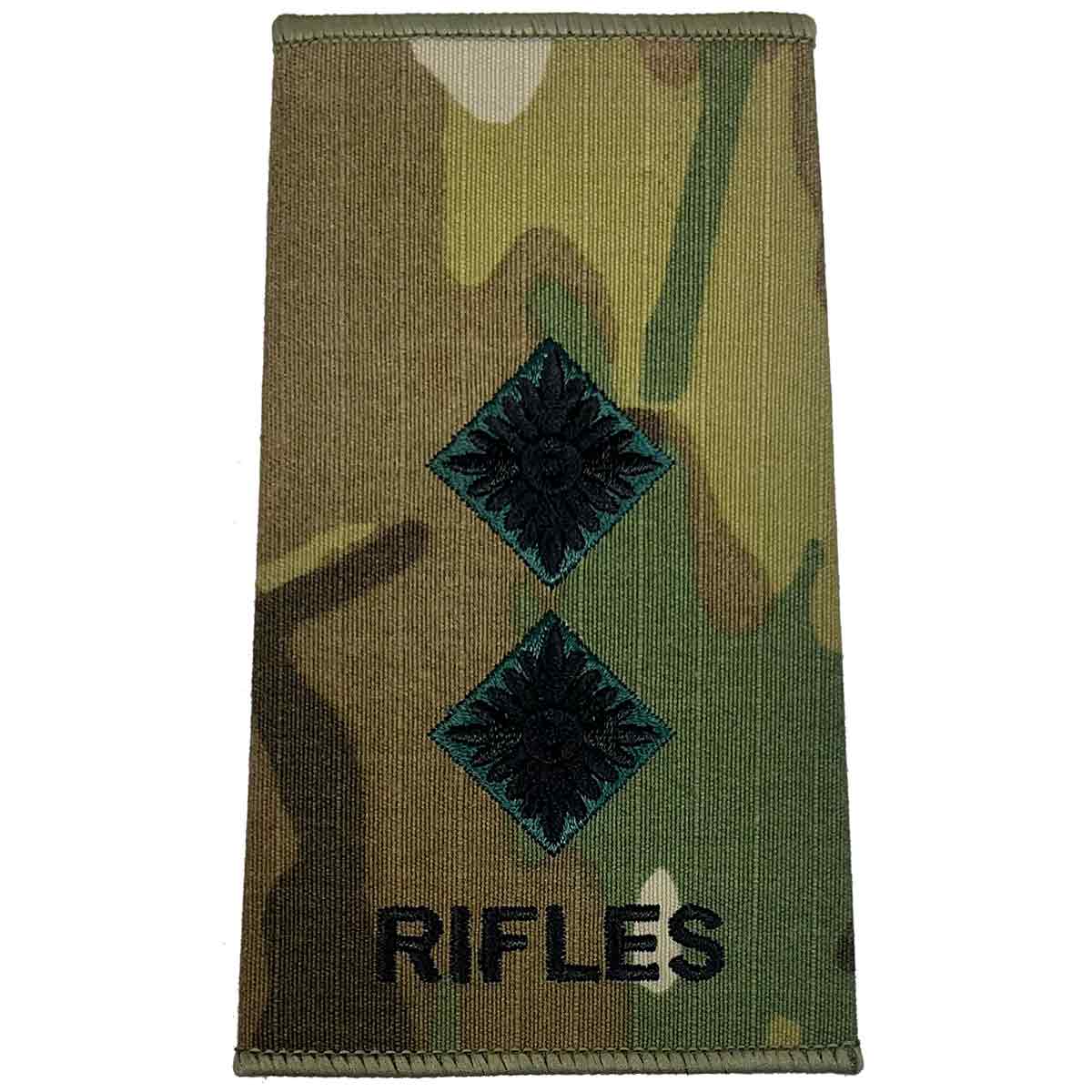 Two pip insignias on Rifles Regiment Rank Slide Multicam with 'RIFLES' text, embroidered for lieutenant rank.