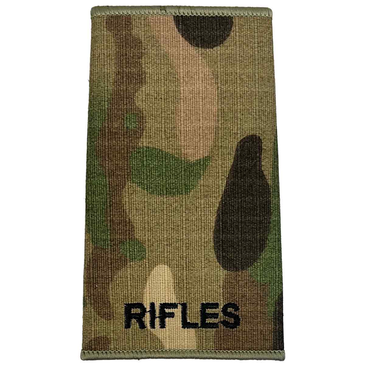 Plain Rifles Regiment Rank Slide Multicam with black embroidered 'RIFLES' text on Cordura fabric, ideal for military uniforms.