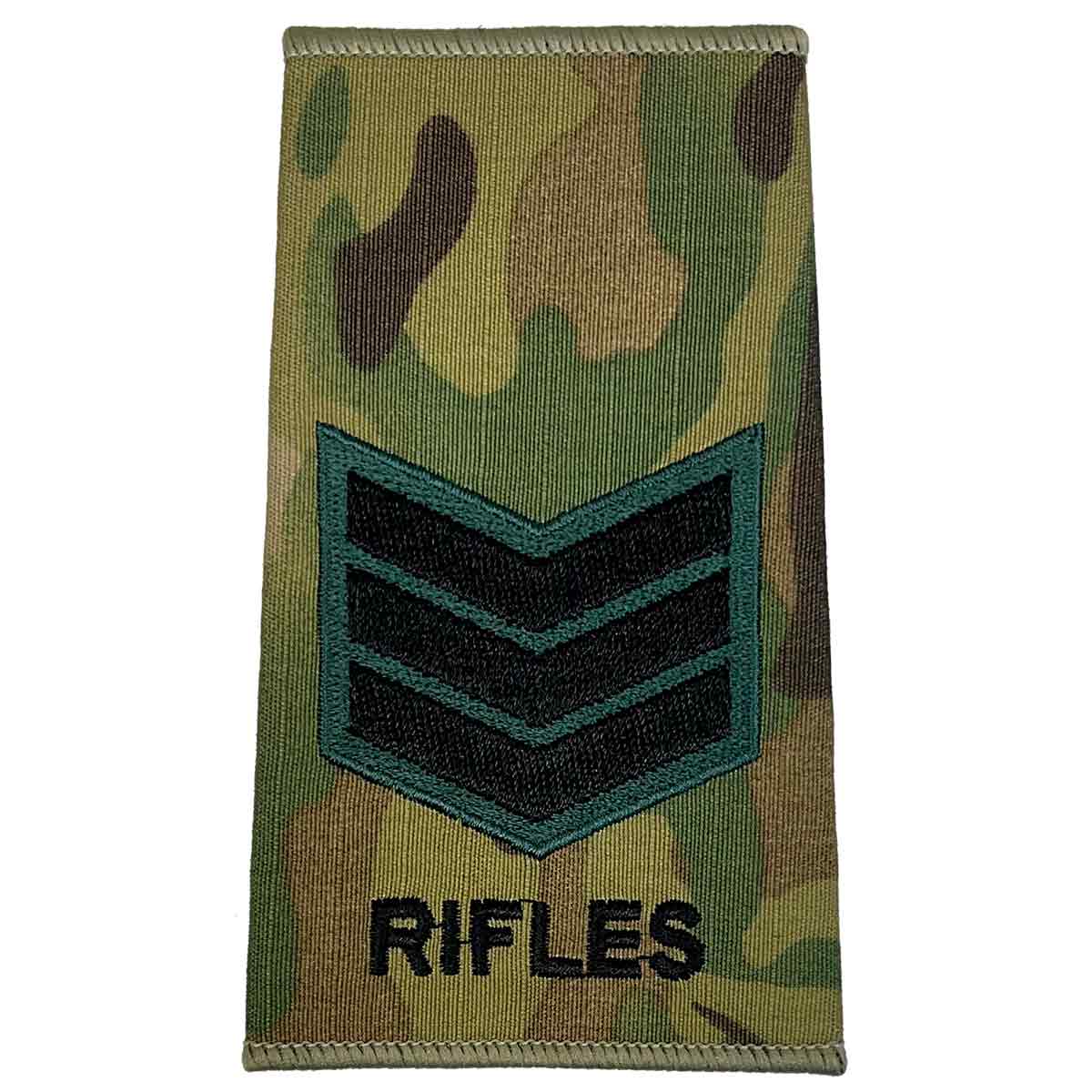 Three chevrons embroidered on Multicam Rifles Regiment Rank Slide with 'RIFLES' text, suitable for sergeant ranks.