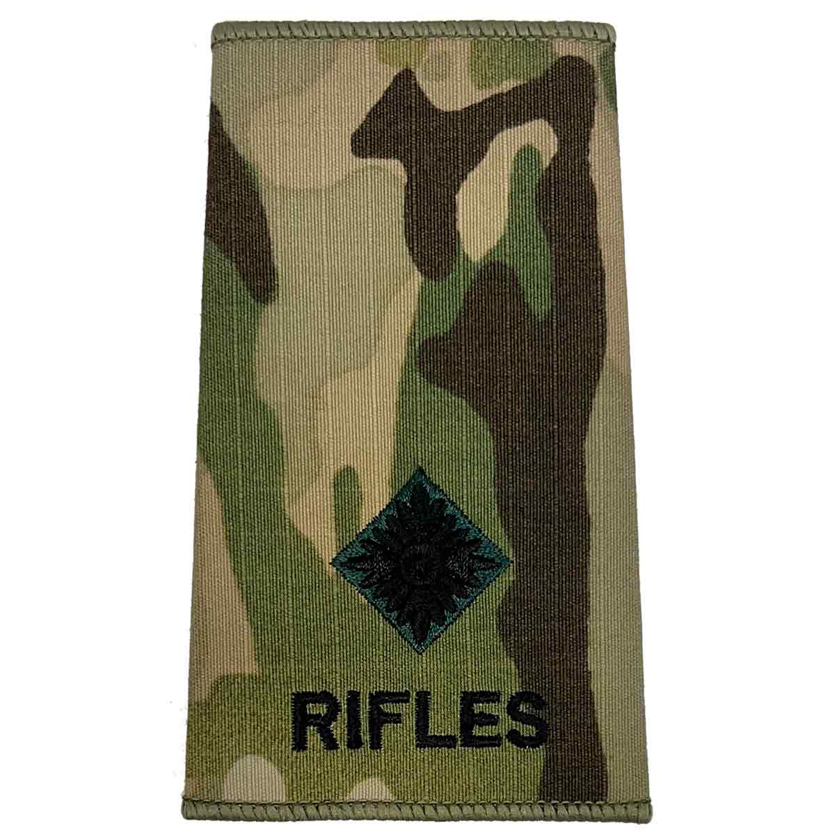 Single pip insignia on Multicam Rifles Regiment Rank Slide with 'RIFLES' text, embroidered for junior officers.