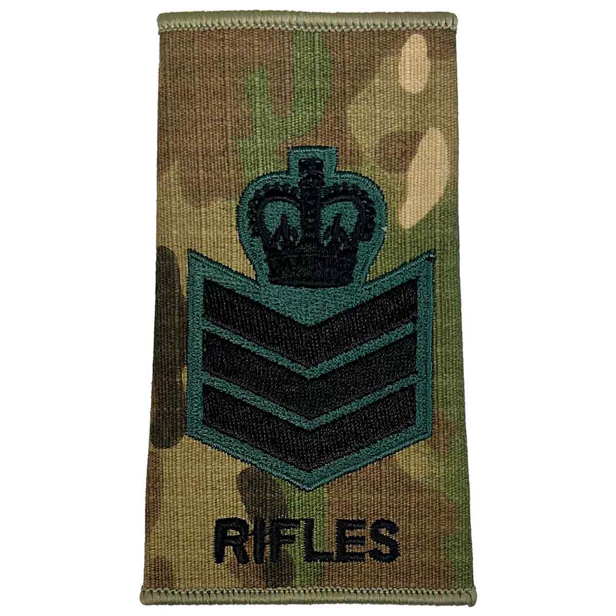 Rifles Regiment Rank Slide Multicam with crown and three chevrons, embroidered for senior NCOs in military uniforms.
