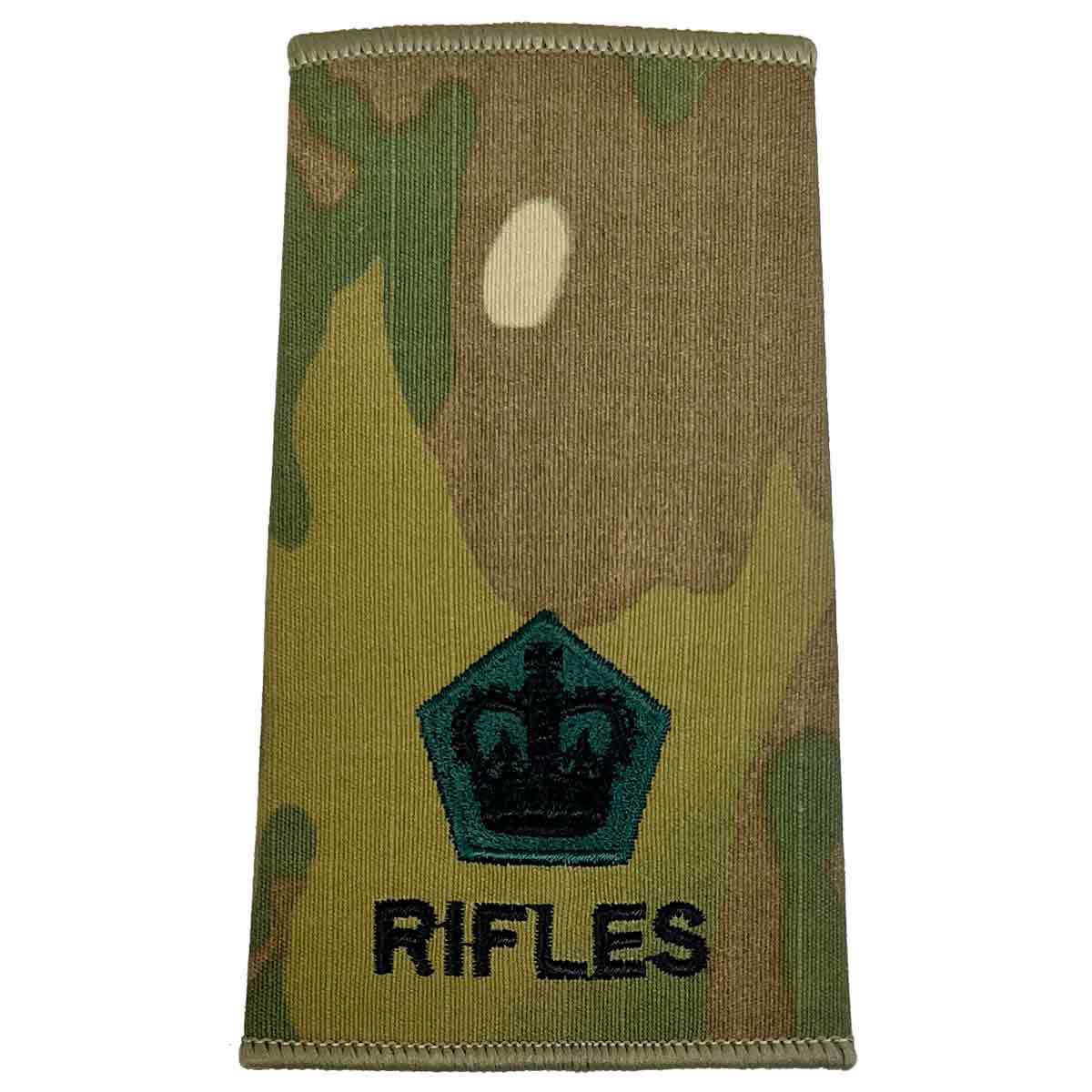 Pentagon crown insignia on Rifles Regiment Rank Slide Multicam with 'RIFLES' text, embroidered for military officer uniforms.