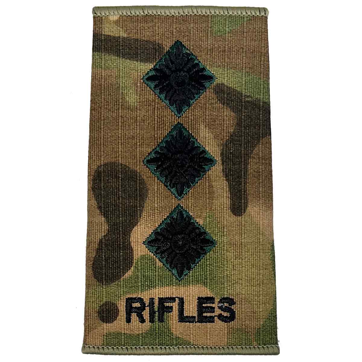 Three pip insignias embroidered on Multicam Rifles Regiment Rank Slide with 'RIFLES' text, ideal for captain rank.