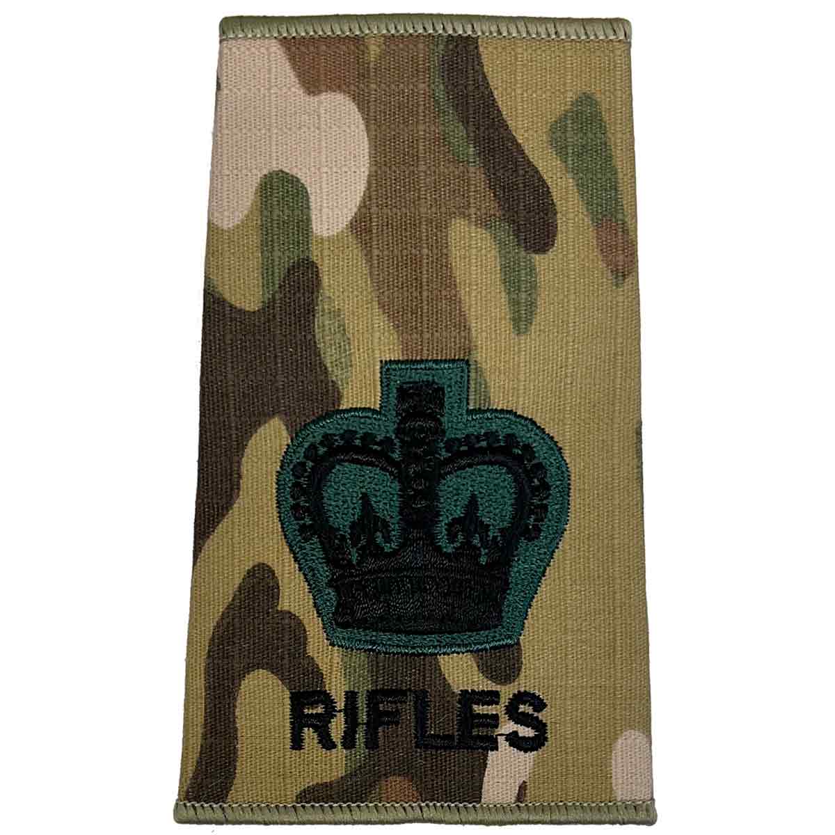 Crown insignia on Multicam Rifles Regiment Rank Slide with 'RIFLES' text, embroidered for officer rank identification.