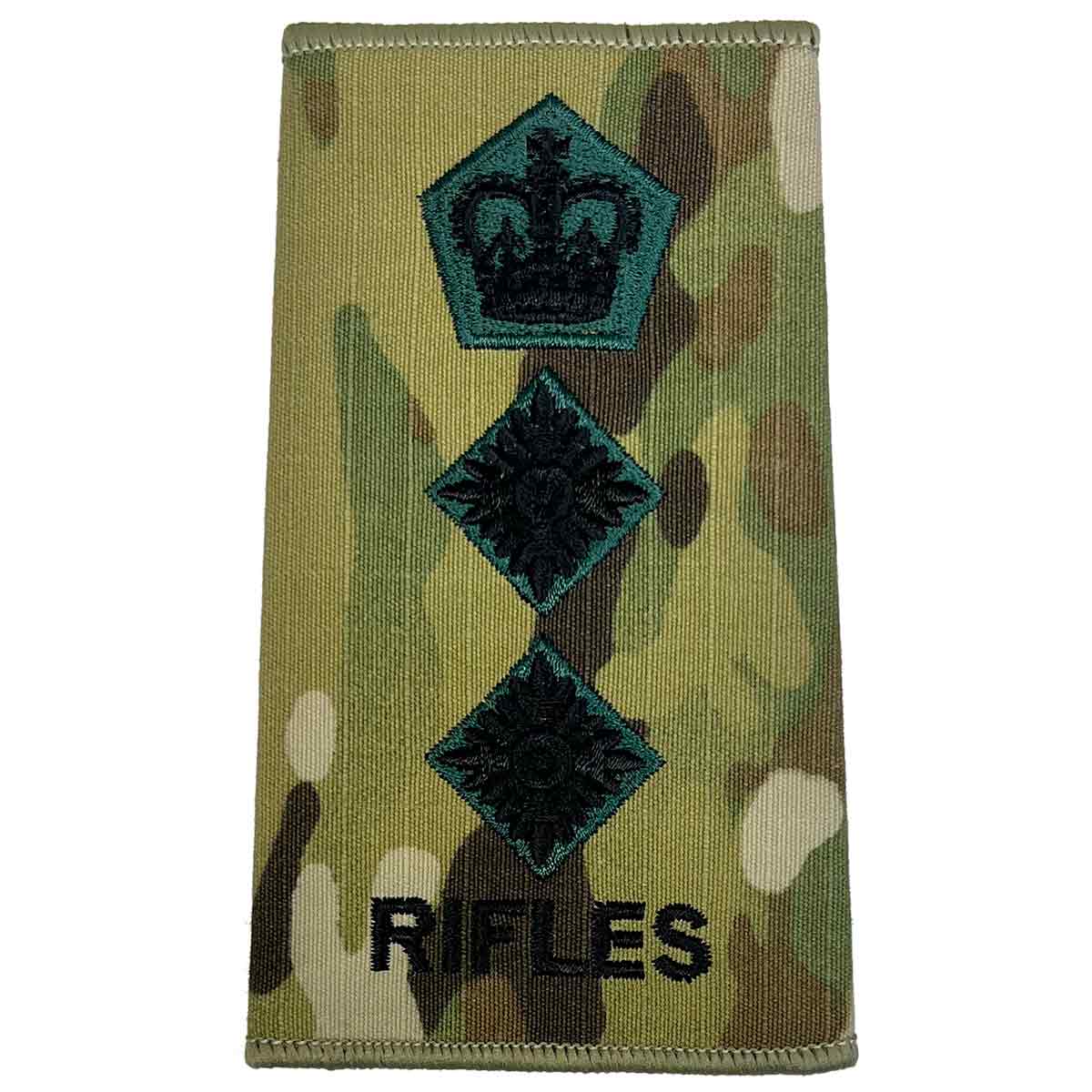 Crown and two pip insignias on Rifles Regiment Rank Slide Multicam with 'RIFLES' text, embroidered for lieutenant colonel.