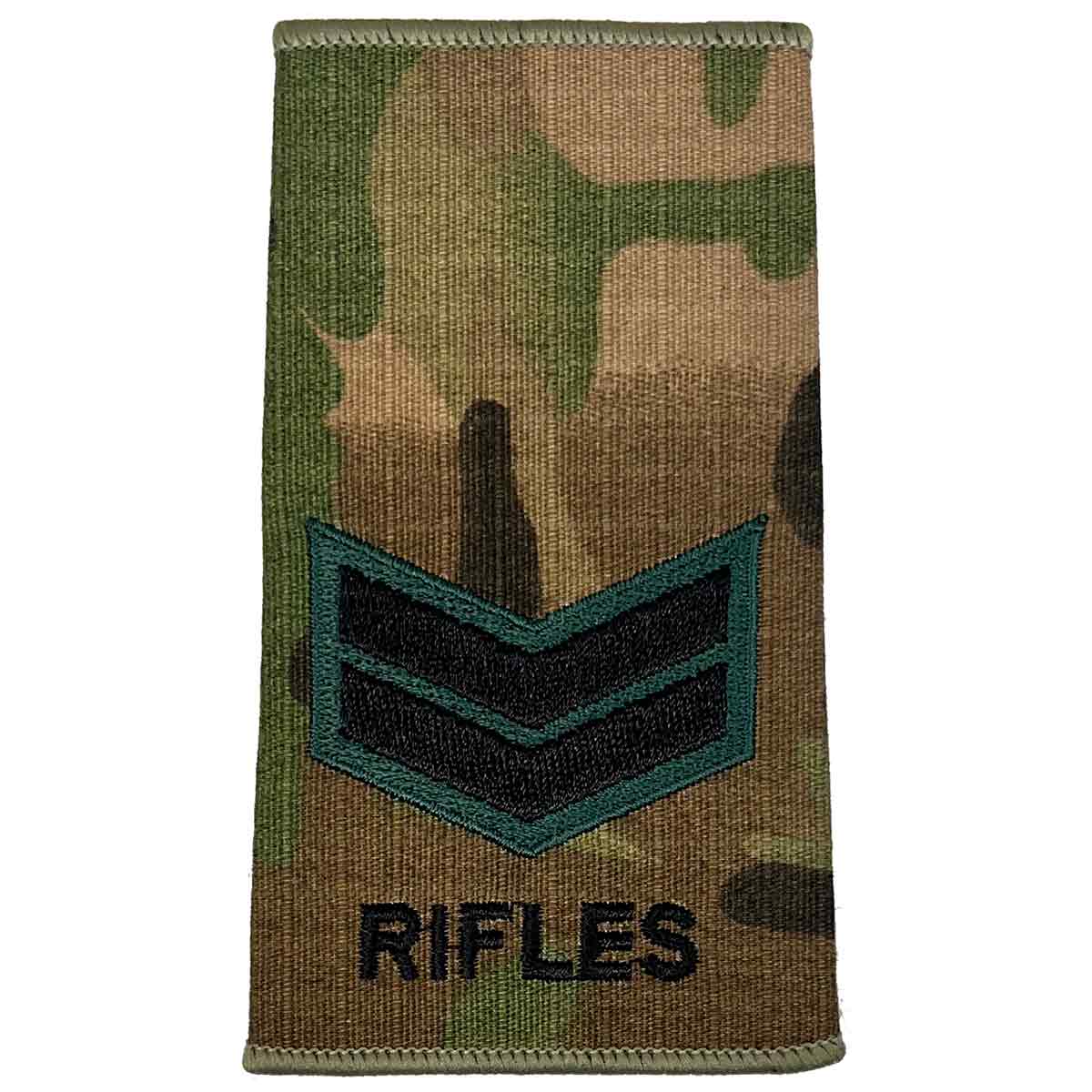 Multicam Rifles Regiment Rank Slide with two chevrons and 'RIFLES' text, embroidered for junior NCO military uniforms.