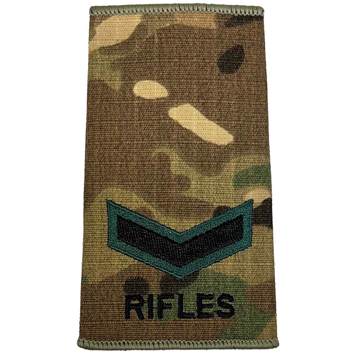 Rifles Regiment Rank Slide Multicam with single chevron insignia and 'RIFLES' text, embroidered in dark green and black.