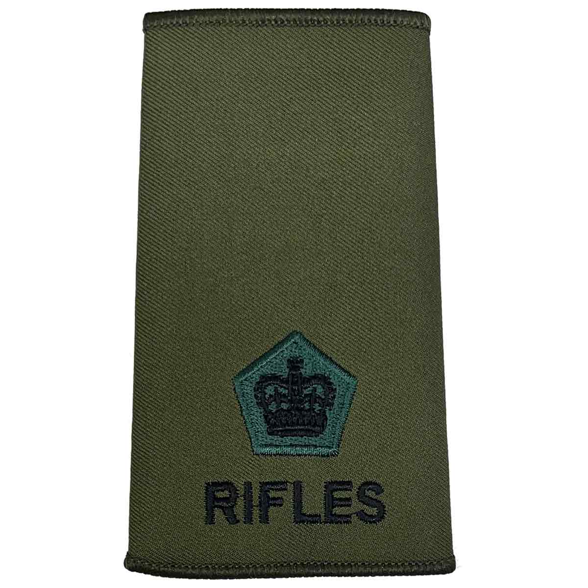 Rifles Regiment Olive Green Rank Slide Pair with crown inside pentagon. Embroidered for Lieutenant Colonel rank.