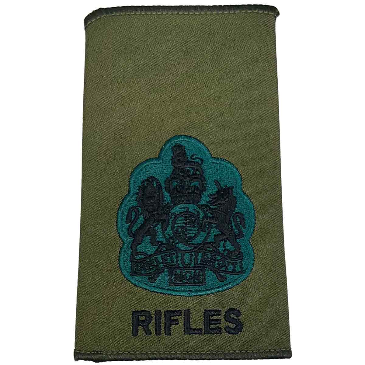 Rifles Regiment Olive Green Rank Slide Pair with royal coat of arms embroidery. Suitable for Warrant Officer Class 1.
