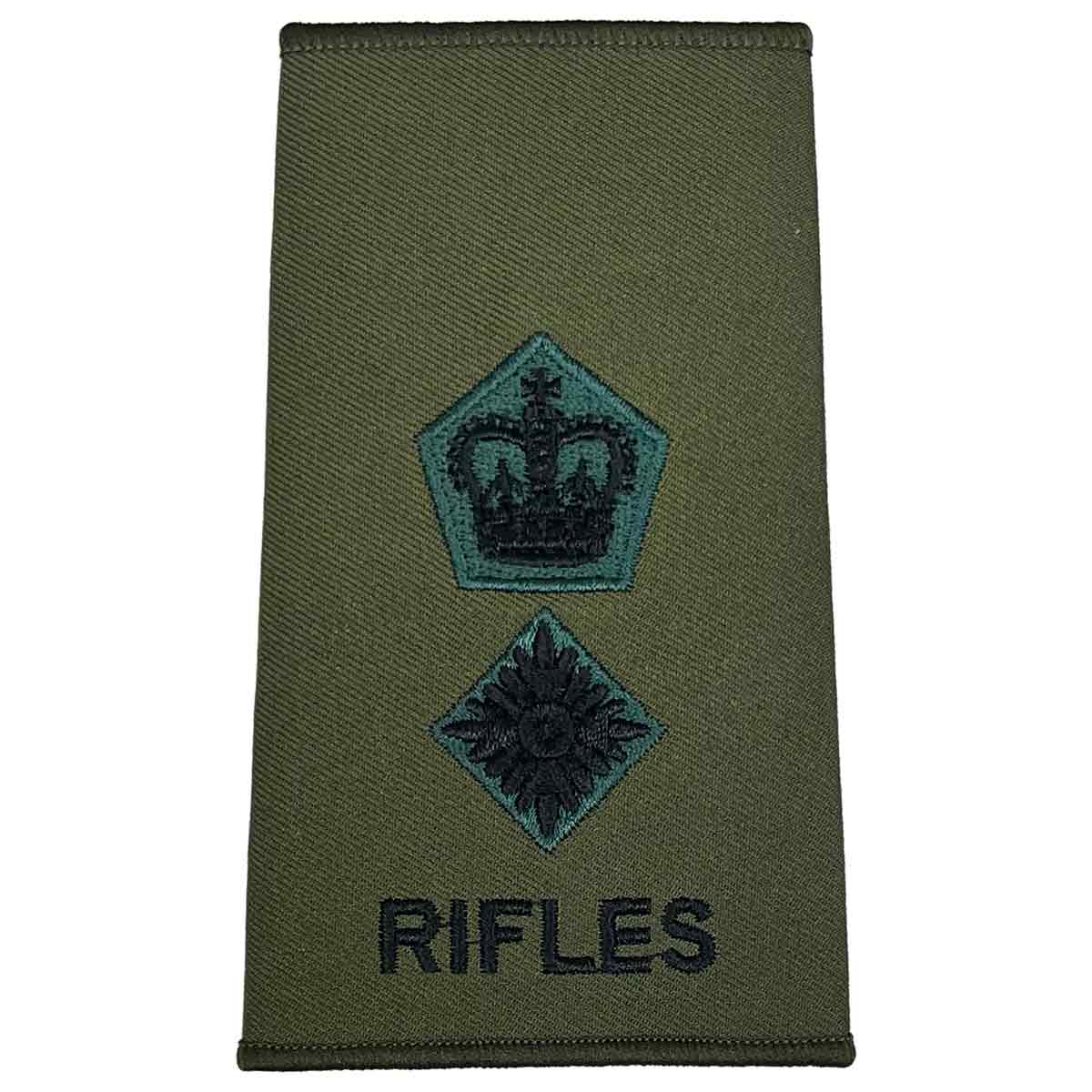 Rifles Regiment Olive Green Rank Slide Pair with crown and pip insignia. Embroidered for Lieutenant Colonel rank.