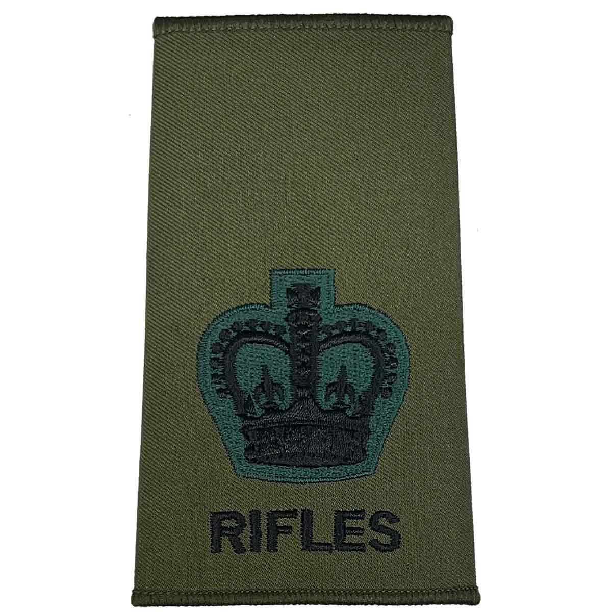 Rifles Regiment Olive Green Rank Slide Pair with large crown embroidery. Suitable for Major rank in military uniforms.
