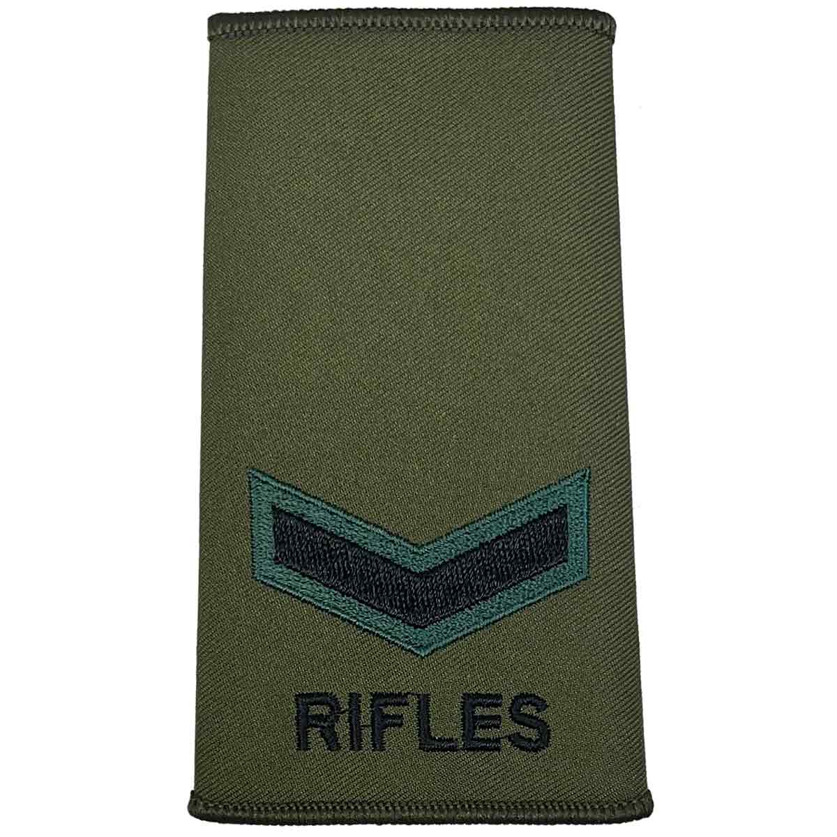 Rifles Regiment Olive Green Rank Slide Pair with one chevron. Embroidered in dark green and black for Lance Corporal rank.