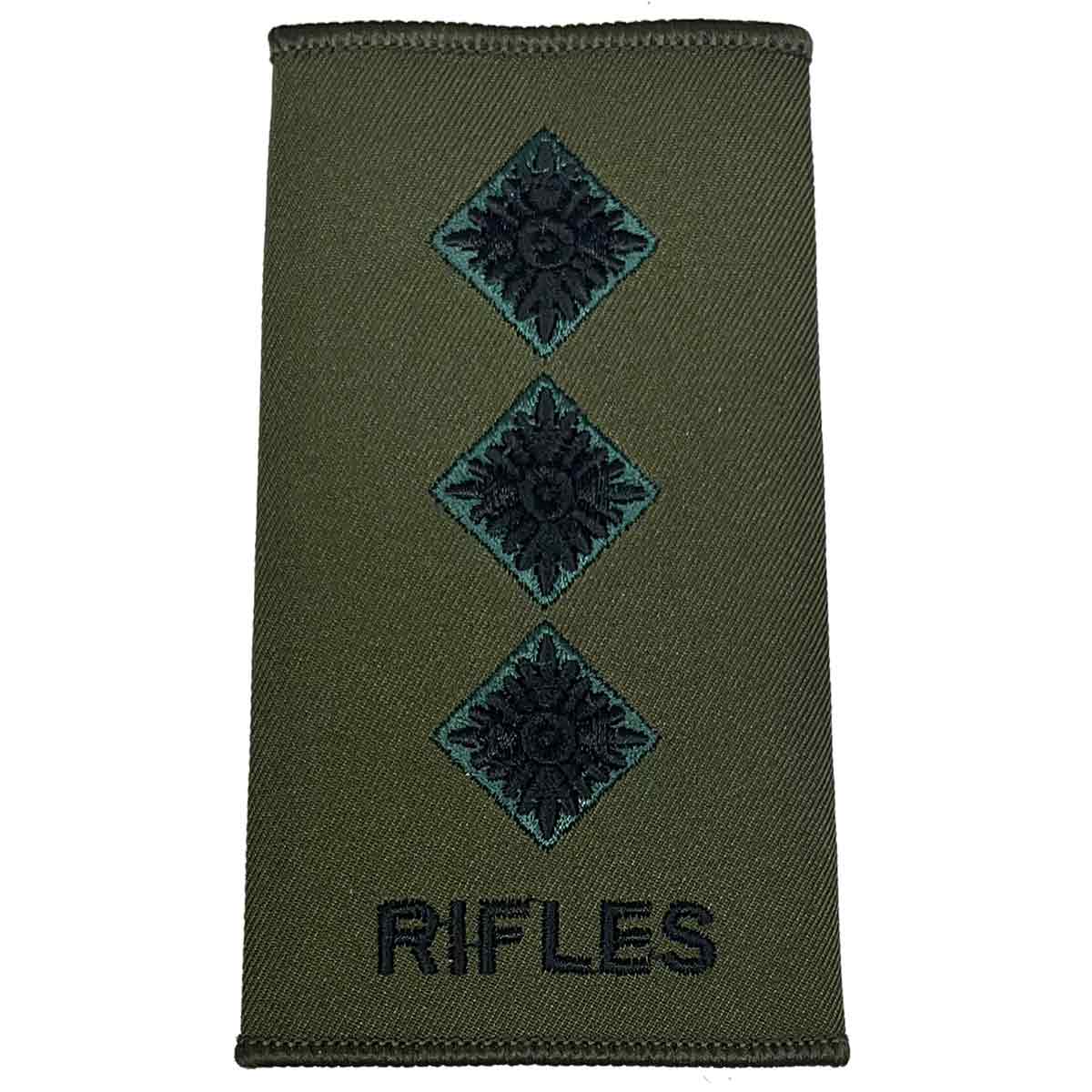 Rifles Regiment Olive Green Rank Slide Pair with three pip insignia. Designed for Captain rank in military uniforms.