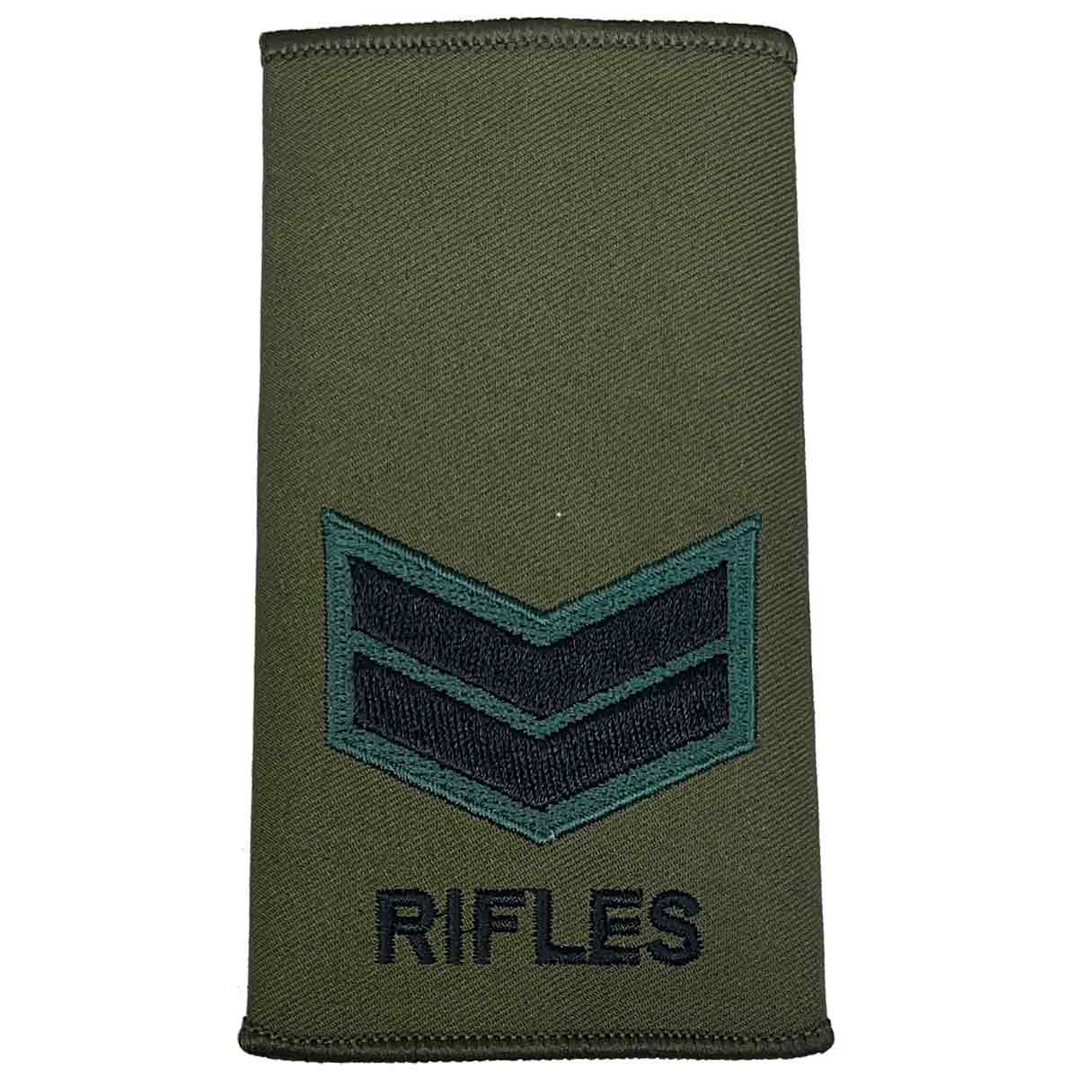 Rifles Regiment Olive Green Rank Slide Pair with two chevrons. Embroidered for Corporal rank in military uniforms.