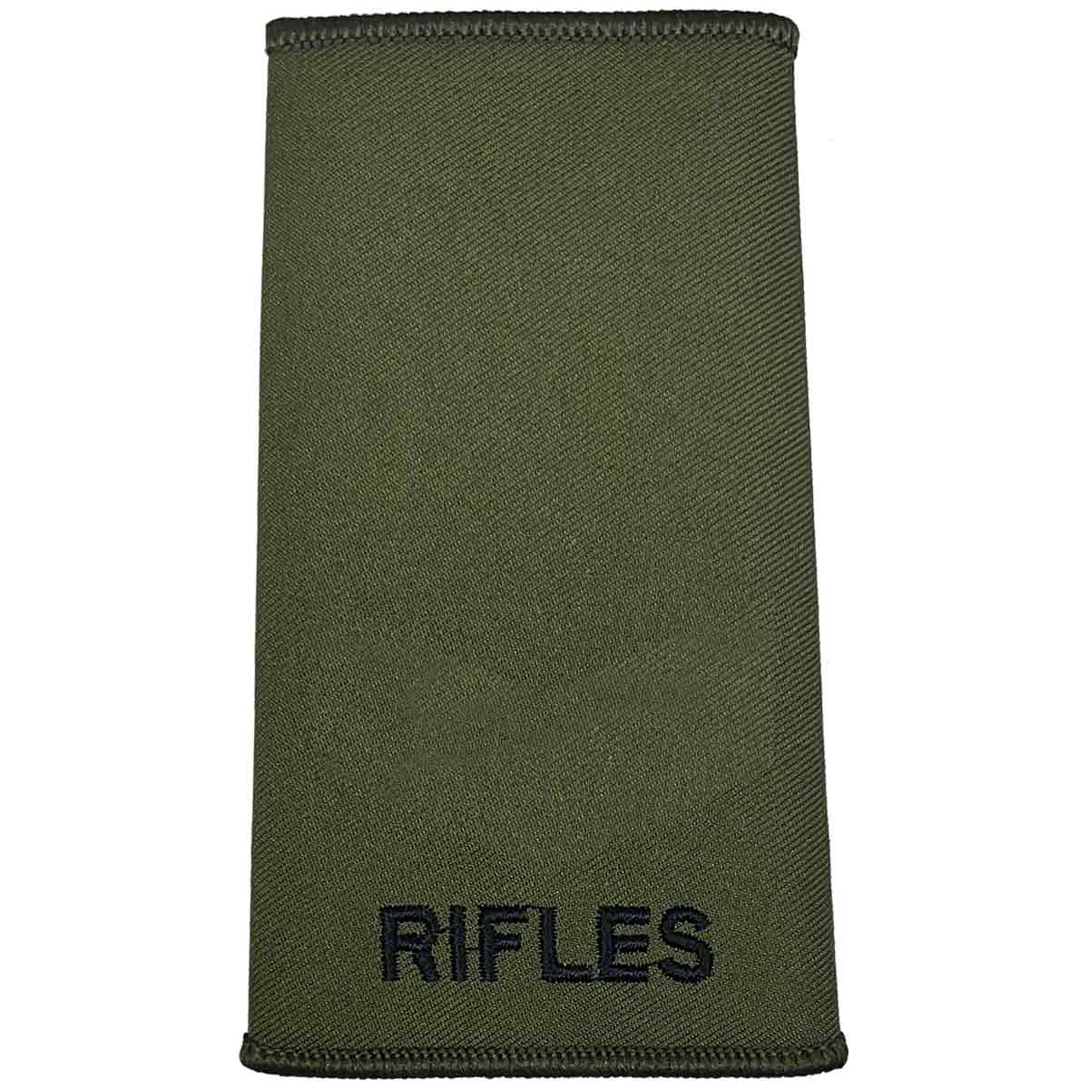 Plain Rifles Regiment Rank Slide Olive Green Pair with black 'RIFLES' text. Ideal for unranked personnel in military uniforms.