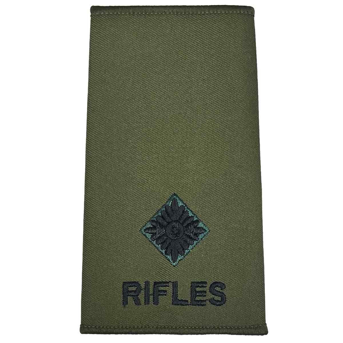 Rifles Regiment Olive Green Rank Slide Pair with one pip insignia. Designed for Second Lieutenant rank.