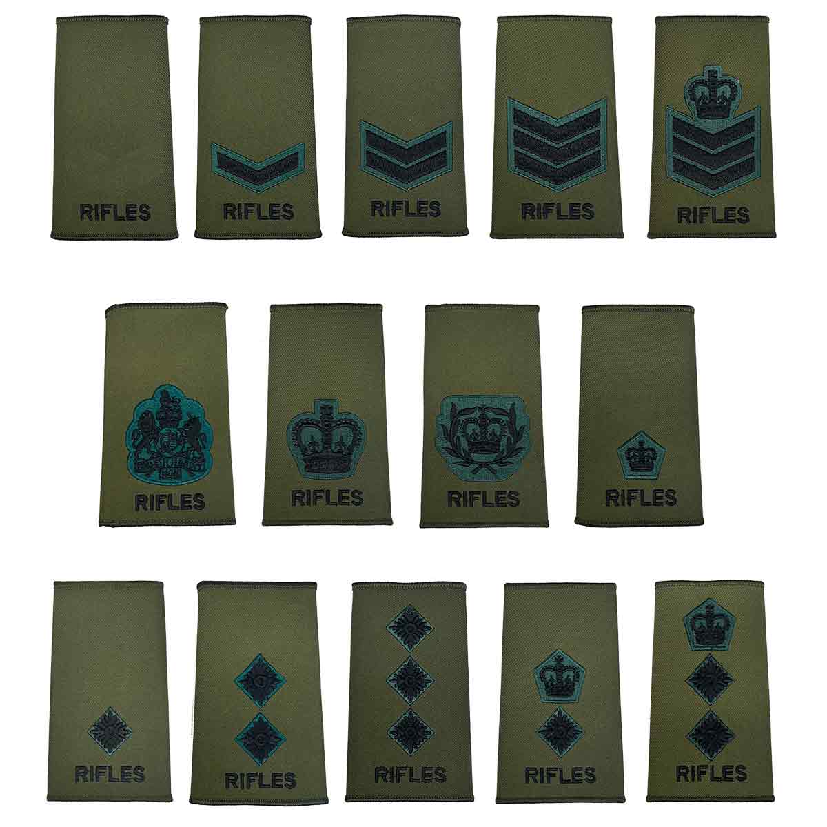 Assorted Rifles Regiment Rank Slides Olive Green Pair with embroidered insignia for various ranks. Durable Cordura fabric for military uniforms.