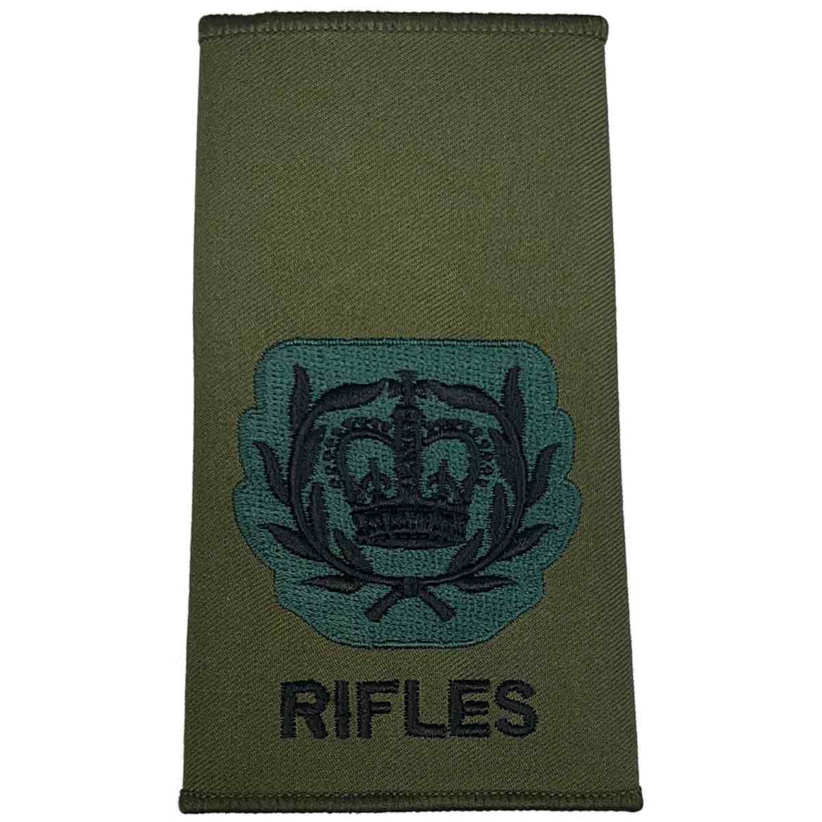 Rifles Regiment Olive Green Rank Slide Pair with laurel and crown insignia. Designed for Warrant Officer Class 2.