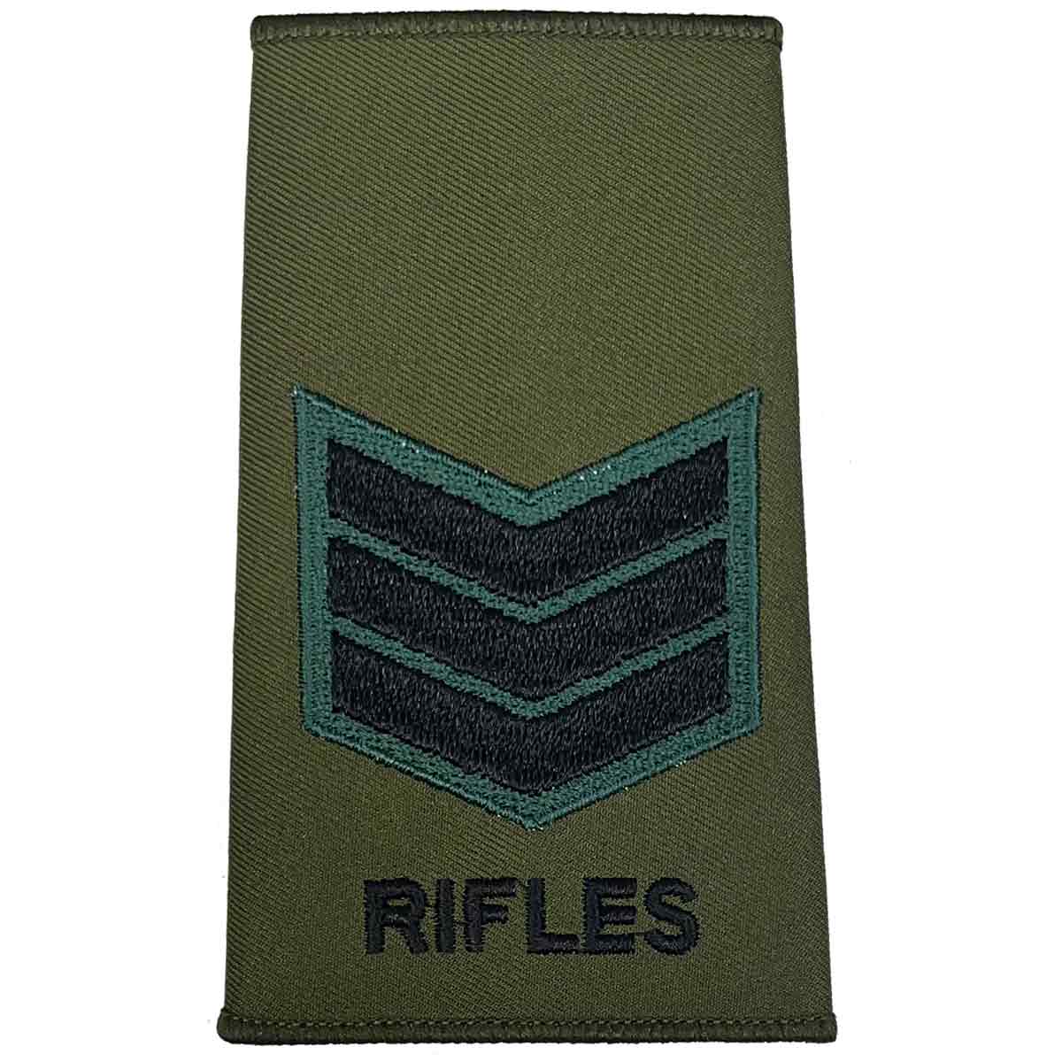 Rifles Regiment Olive Green Rank Slide Pair with three chevrons. Designed for Sergeant rank with durable Cordura material.