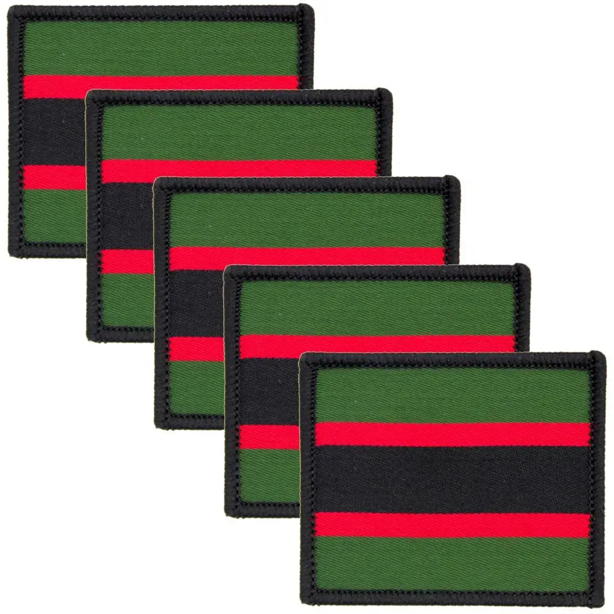 Pack of five Rifles Regiment TRF patches in green, red, and black, ideal for military uniforms with durable hook & loop backing.