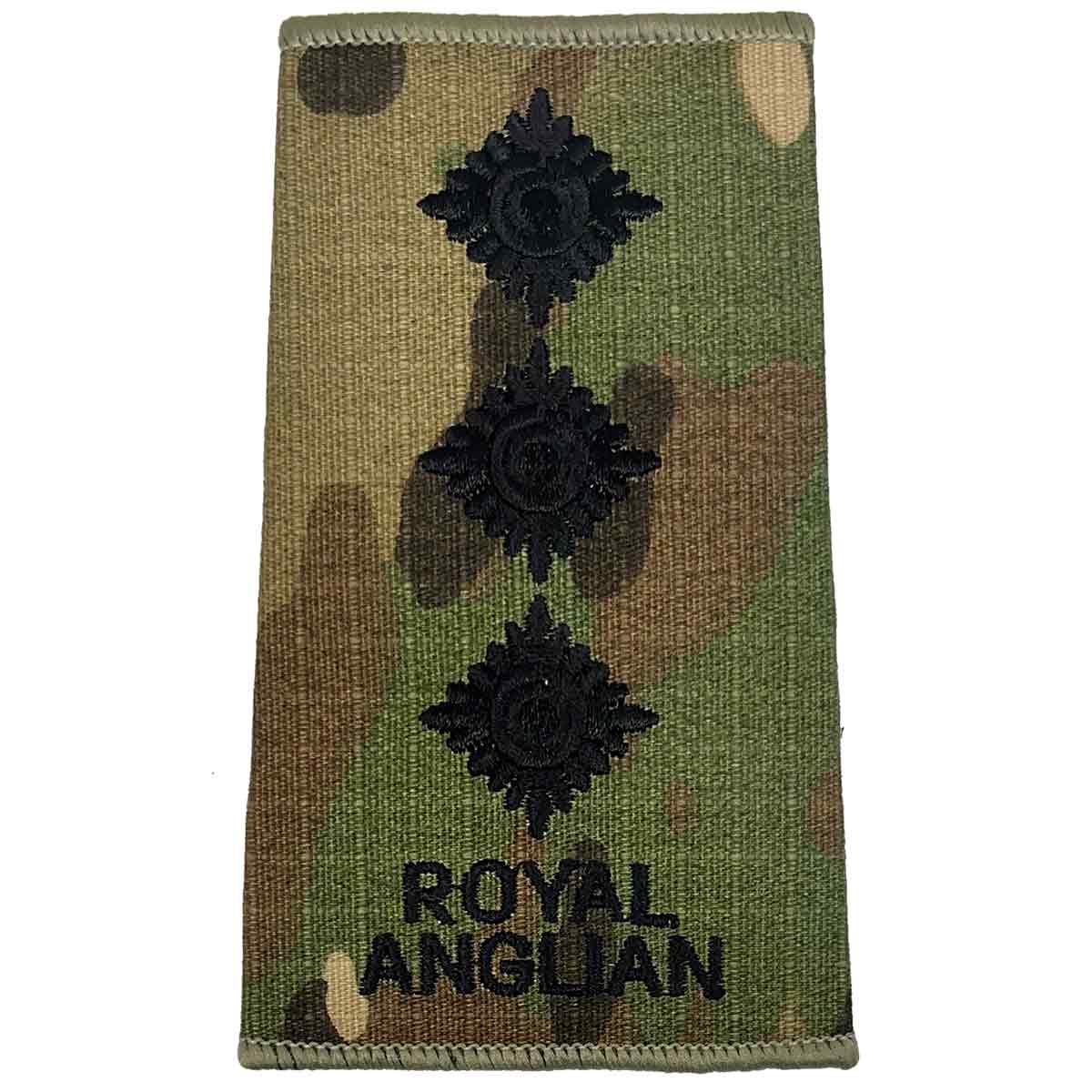 Royal Anglian Rank Slide Multicam with three pips, embroidered in dark green, indicating captain rank in the Royal Anglian Regiment.