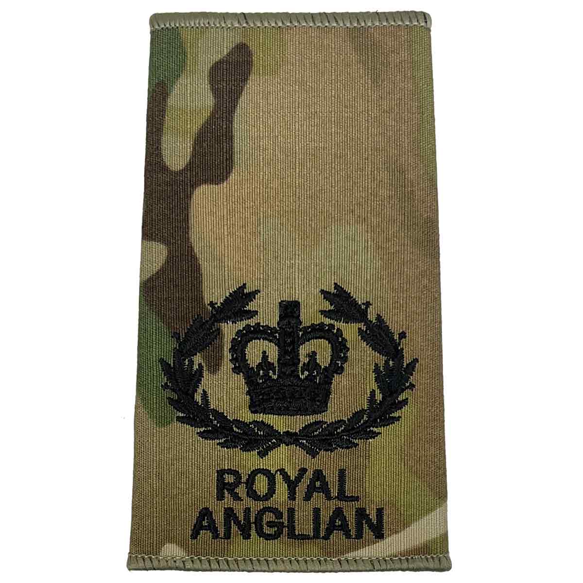 Royal Anglian Rank Slide Multicam with crown in laurel wreath, embroidered in dark green, symbolizing senior officer rank.