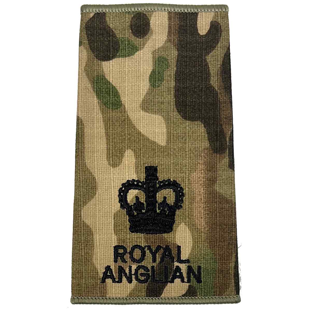 Royal Anglian Rank Slide Multicam with single crown, embroidered in dark green, denoting major rank in military uniforms.