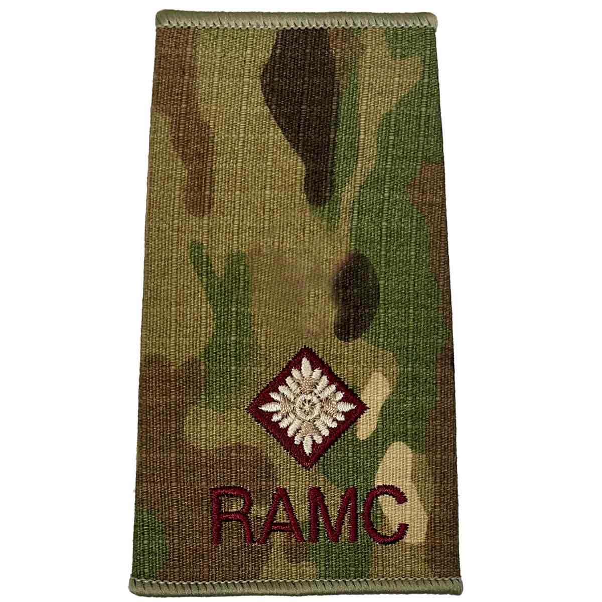 Royal Army Medical Corps Rank Slide Multicam with single diamond insignia and RAMC text, indicating junior officer rank.