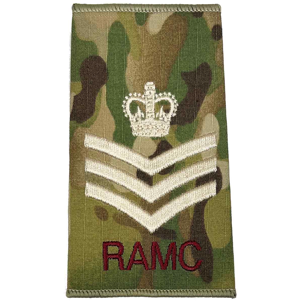 Royal Army Medical Corps Rank Slide Multicam with crown and three chevrons above RAMC text, representing staff sergeant rank.