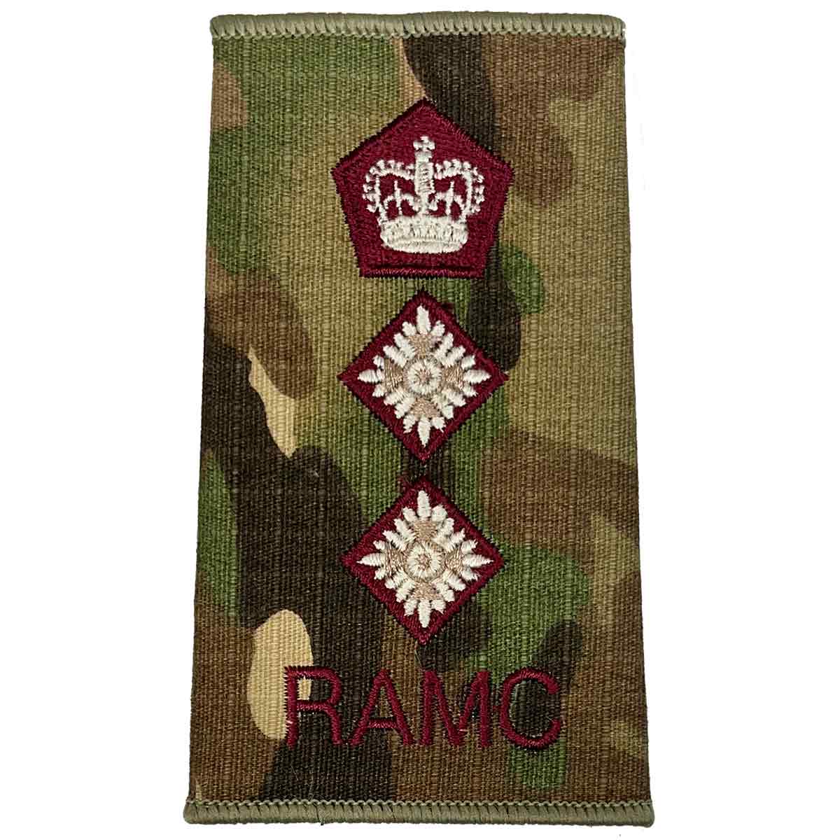 Royal Army Medical Corps Rank Slide Multicam with red crown and two diamond insignias above RAMC text, for senior officers.