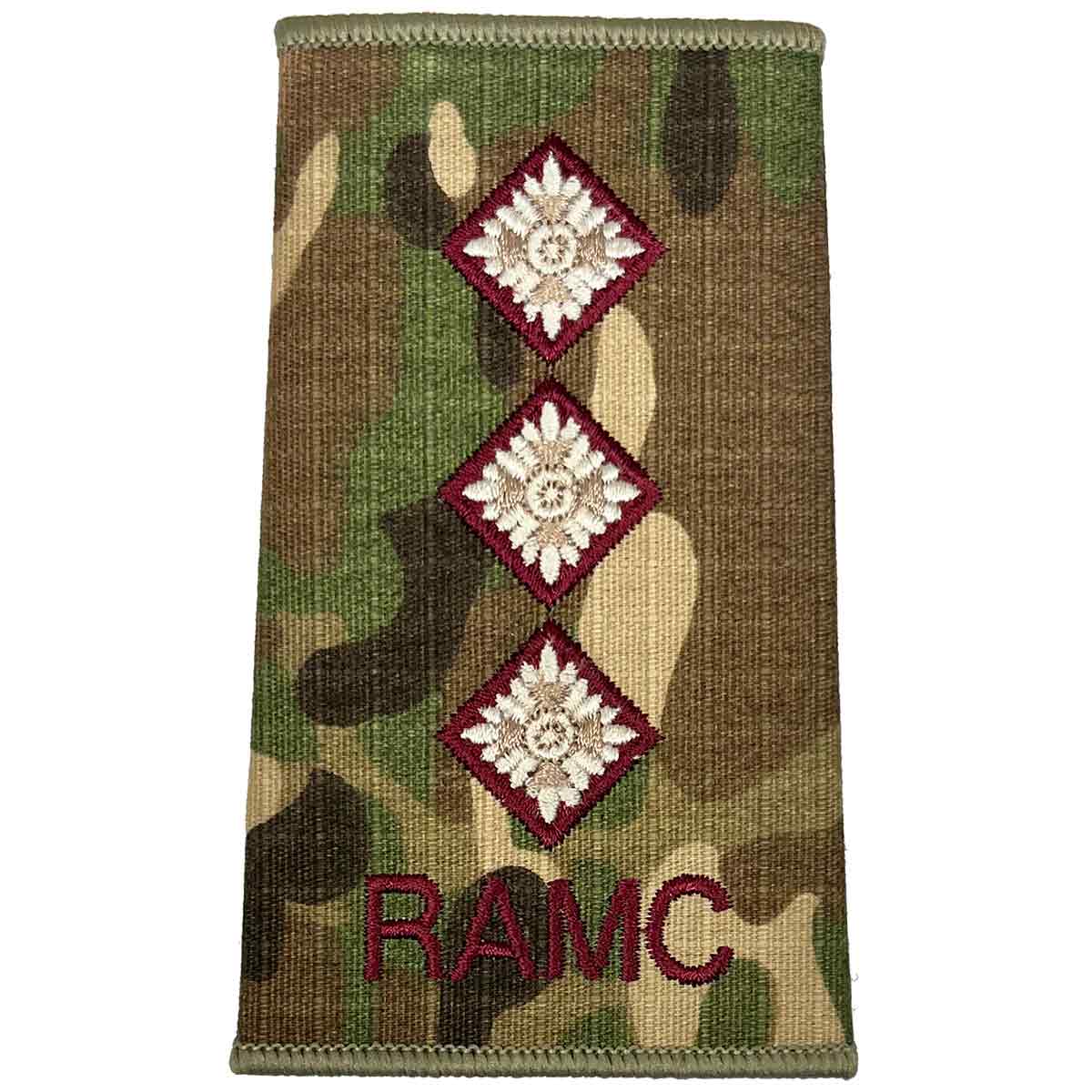 Royal Army Medical Corps Rank Slide Multicam with three diamond insignias and RAMC text, for senior officer identification.