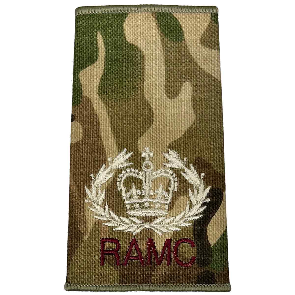 Royal Army Medical Corps Rank Slide Multicam with laurel crown insignia and RAMC text, denoting officer rank.