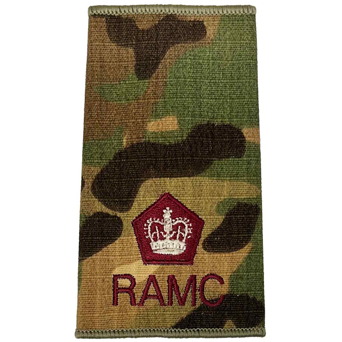 Royal Army Medical Corps Rank Slide Multicam with red pentagon crown insignia and RAMC text, for senior officer designation.