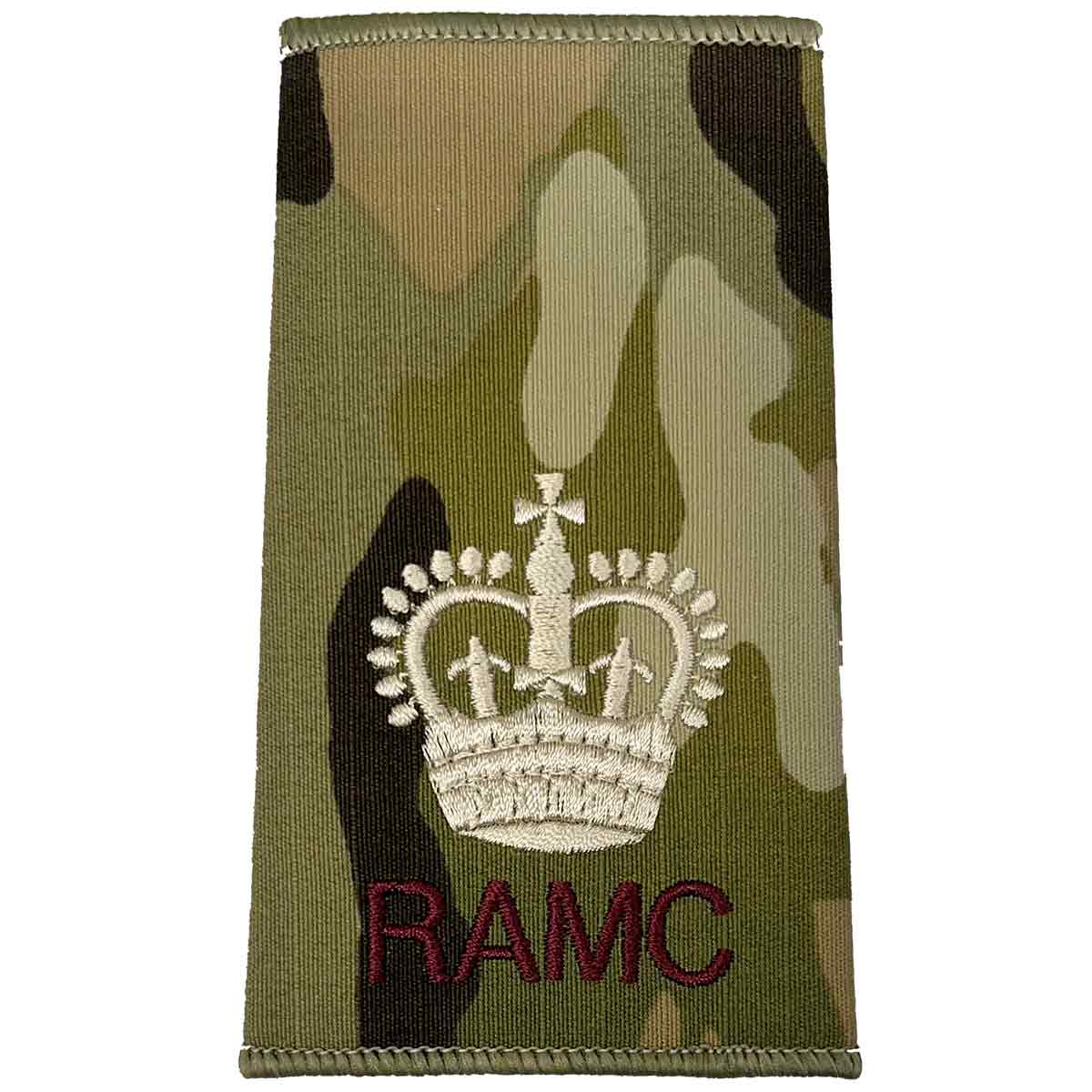 Royal Army Medical Corps Rank Slide Multicam with large crown insignia and RAMC text, used for high-ranking officers.