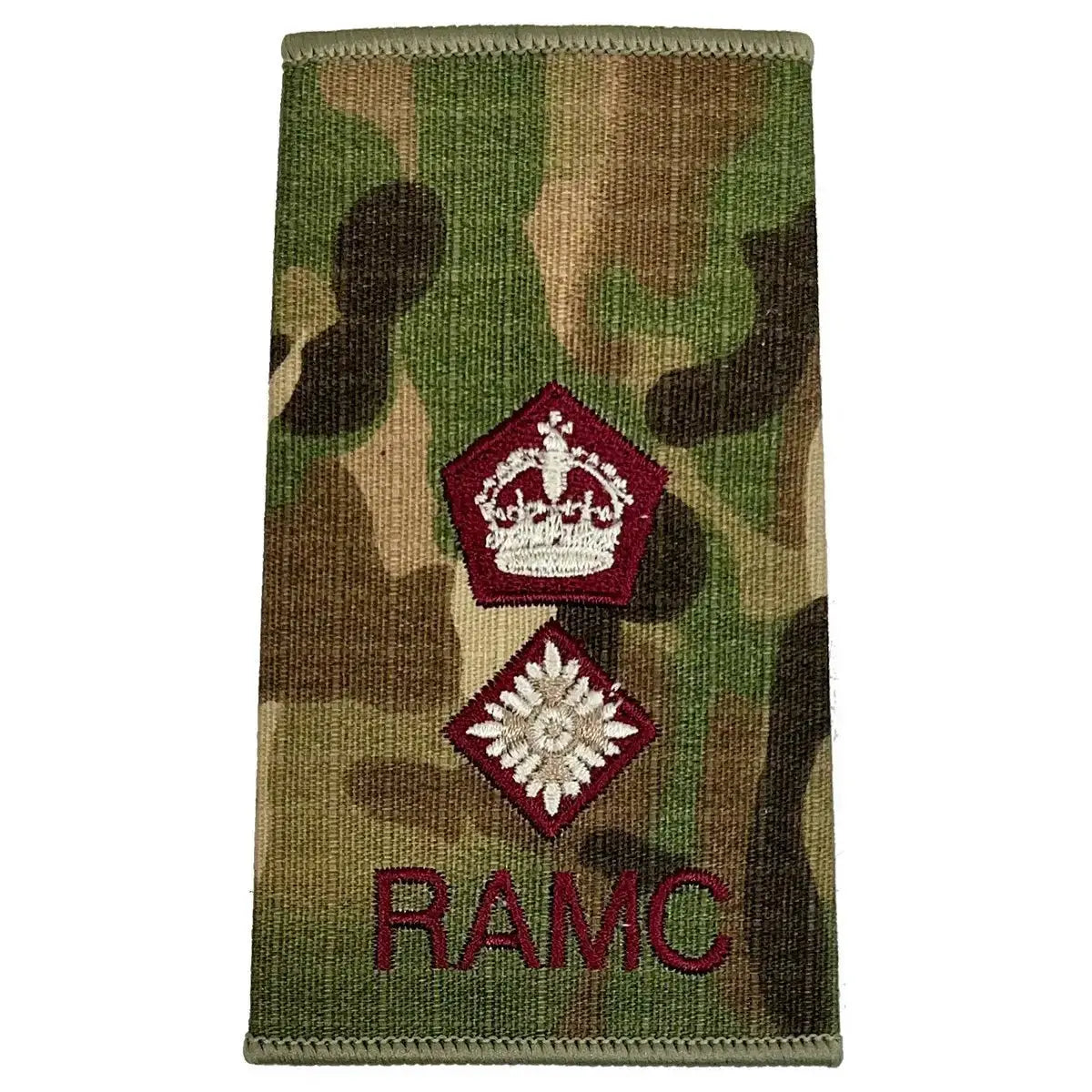 Royal Army Medical Corps Rank Slide Multicam with red crown and single diamond insignia above RAMC text, for officer classification.