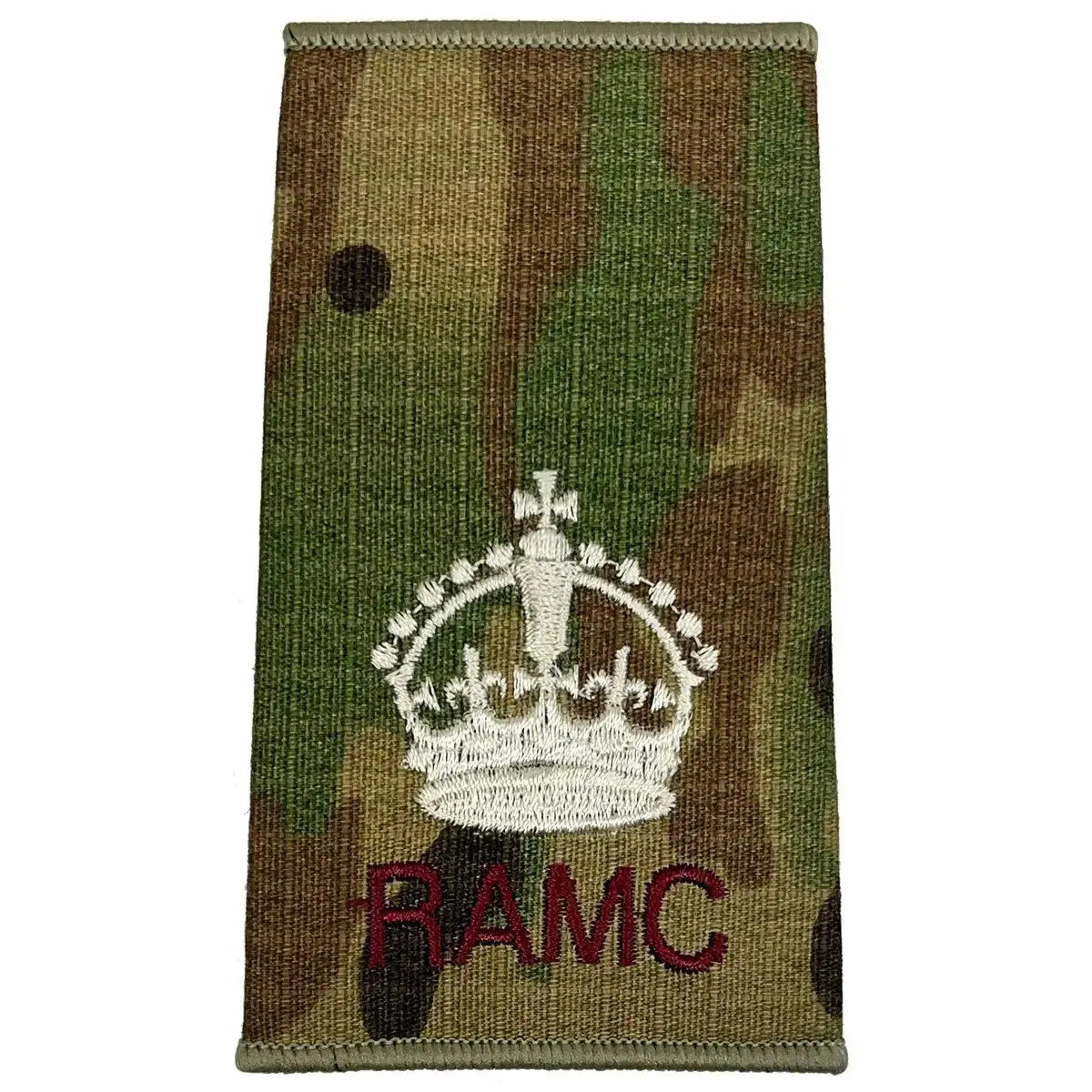 Royal Army Medical Corps Rank Slide Multicam with large ivory crown and RAMC text, denoting senior officer status.