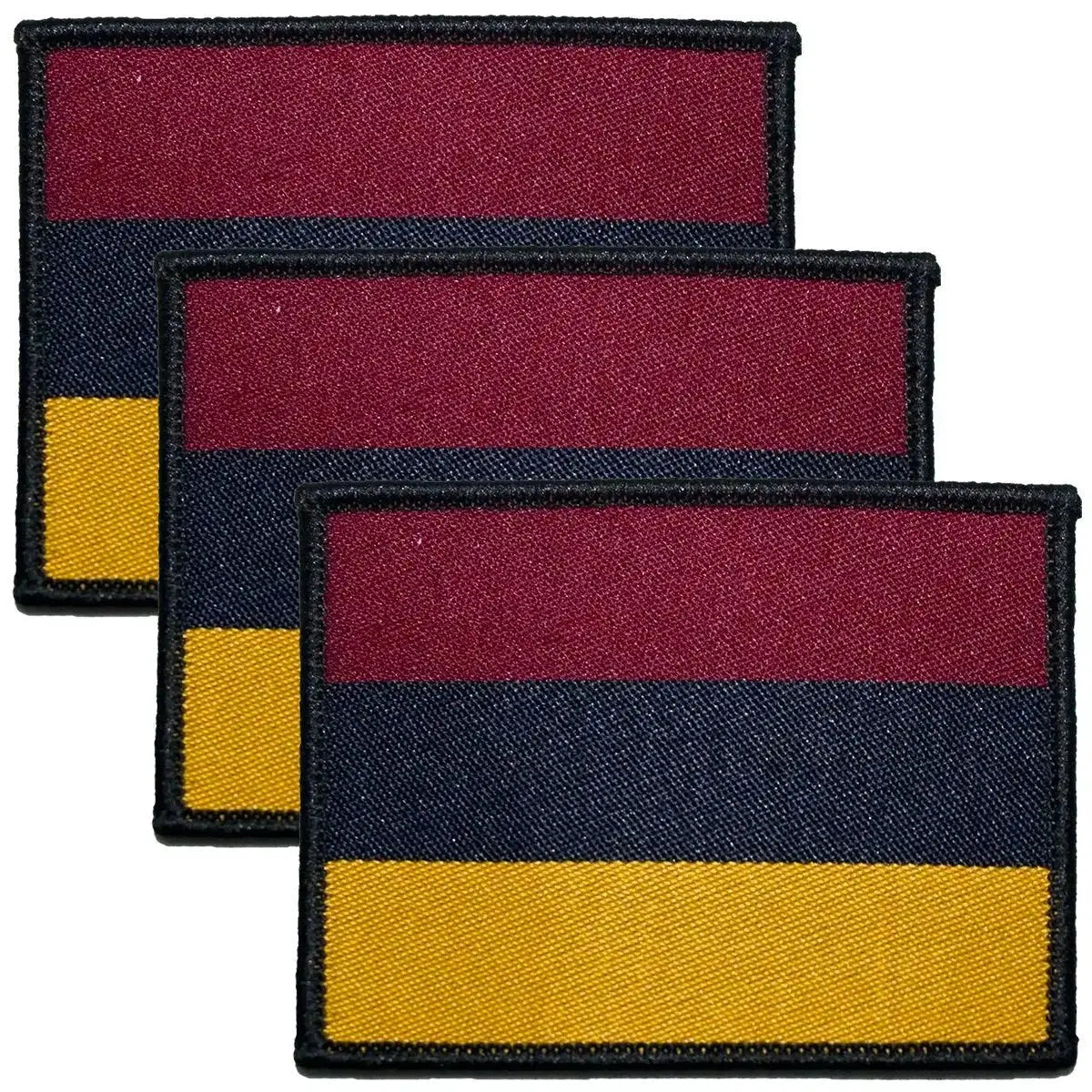 Royal Army Medical Corps TRF Hook & Loop patch in maroon, navy, and yellow stripes, shown in a set of three for military uniforms.