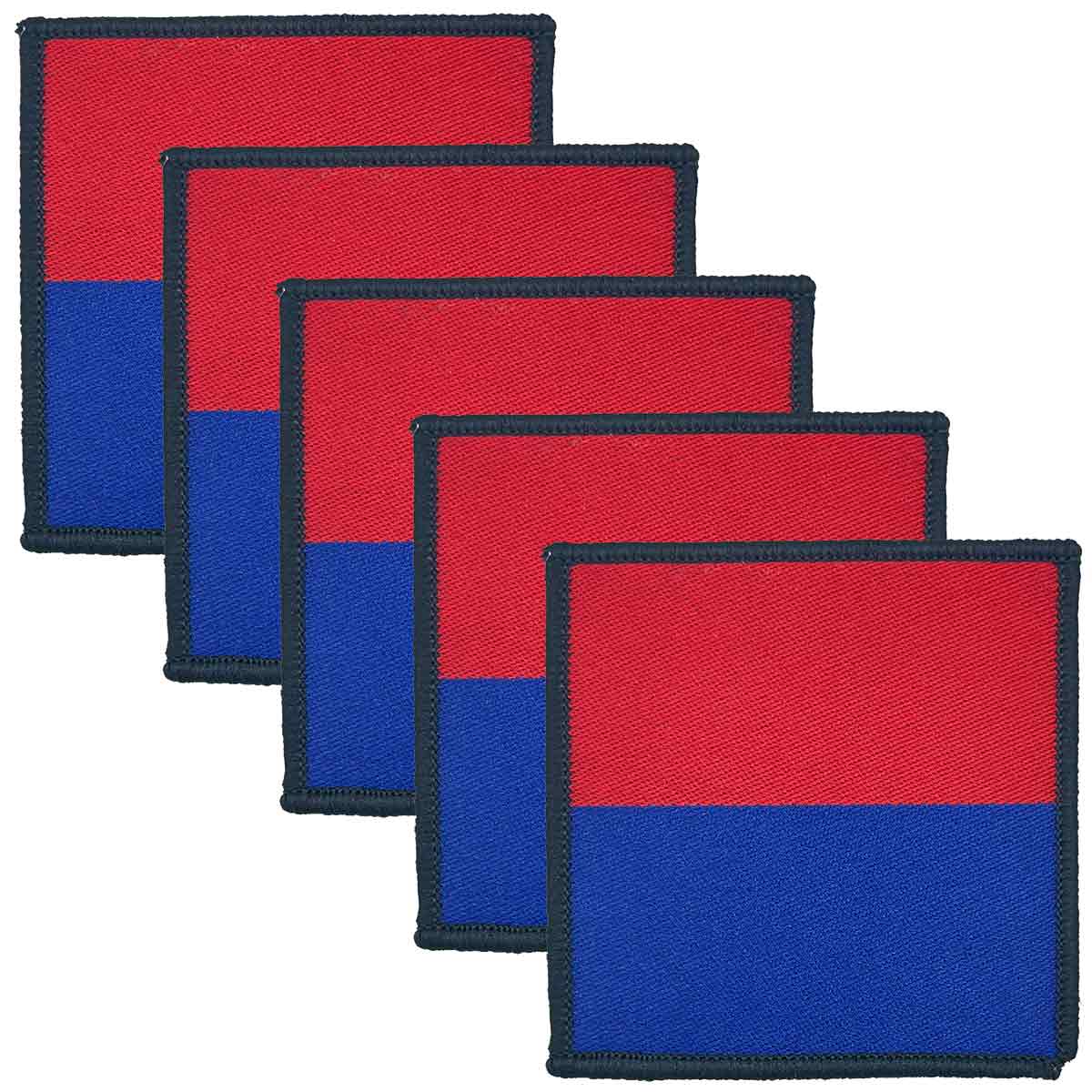 Pack of five Royal Artillery Flash Iron or Sewn On TRFs in red and blue, regulation military uniform patches from John Bull Clothing.