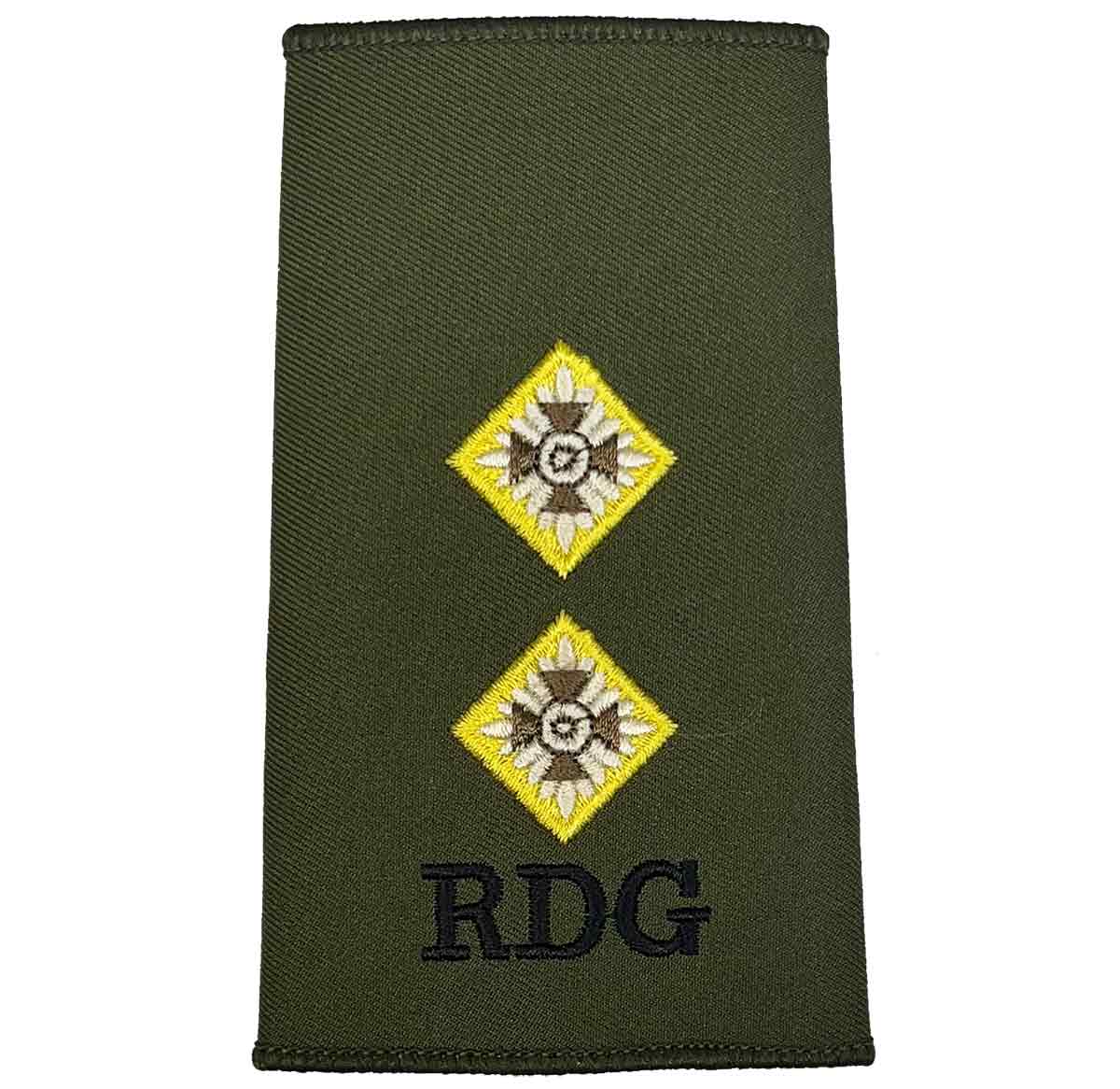 Royal Dragoon Guards Green Rank Slide with two yellow star insignias and RDG text, made for military rank identification