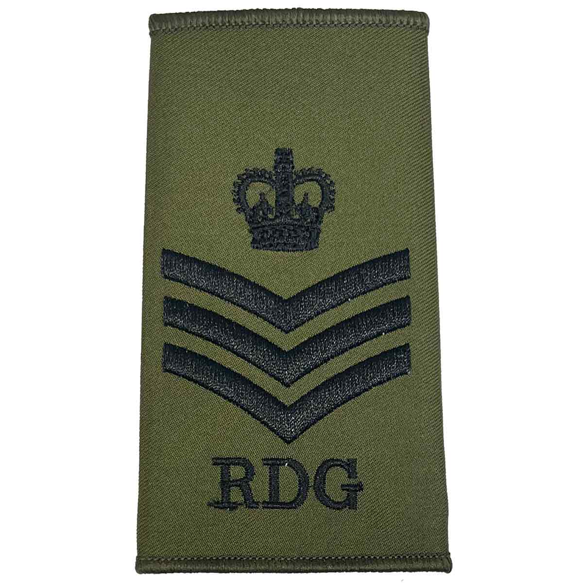 Royal Dragoon Guards Green Rank Slide with crown and three chevrons above RDG text, embroidered on olive green Cordura fabric
