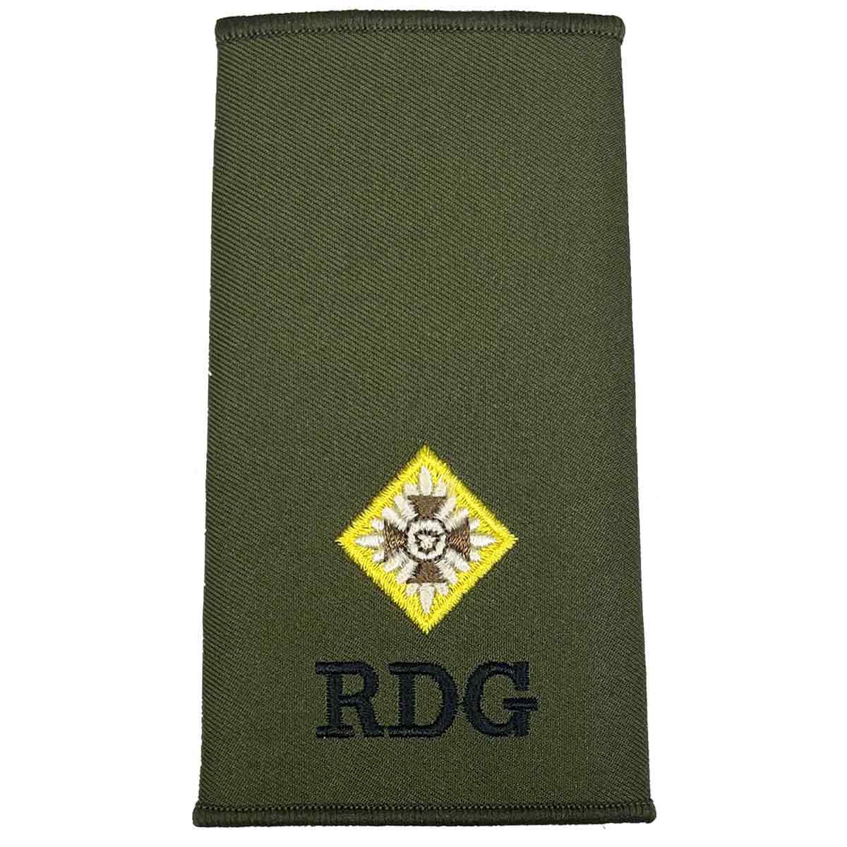 Royal Dragoon Guards Green Rank Slide with one yellow star insignia and RDG embroidery, crafted for military officer uniforms